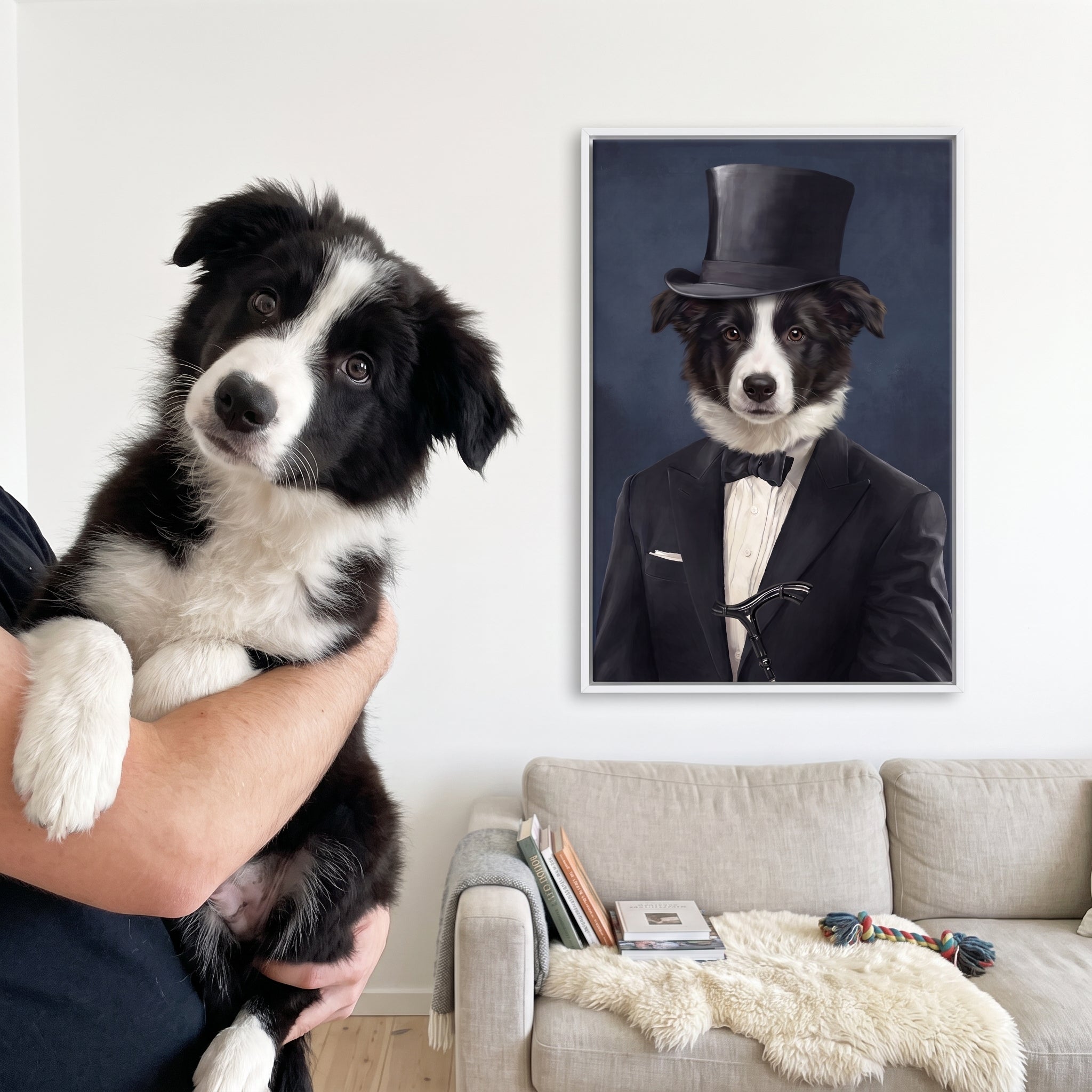 Border collie next to its The Gentleman custom pet canvas