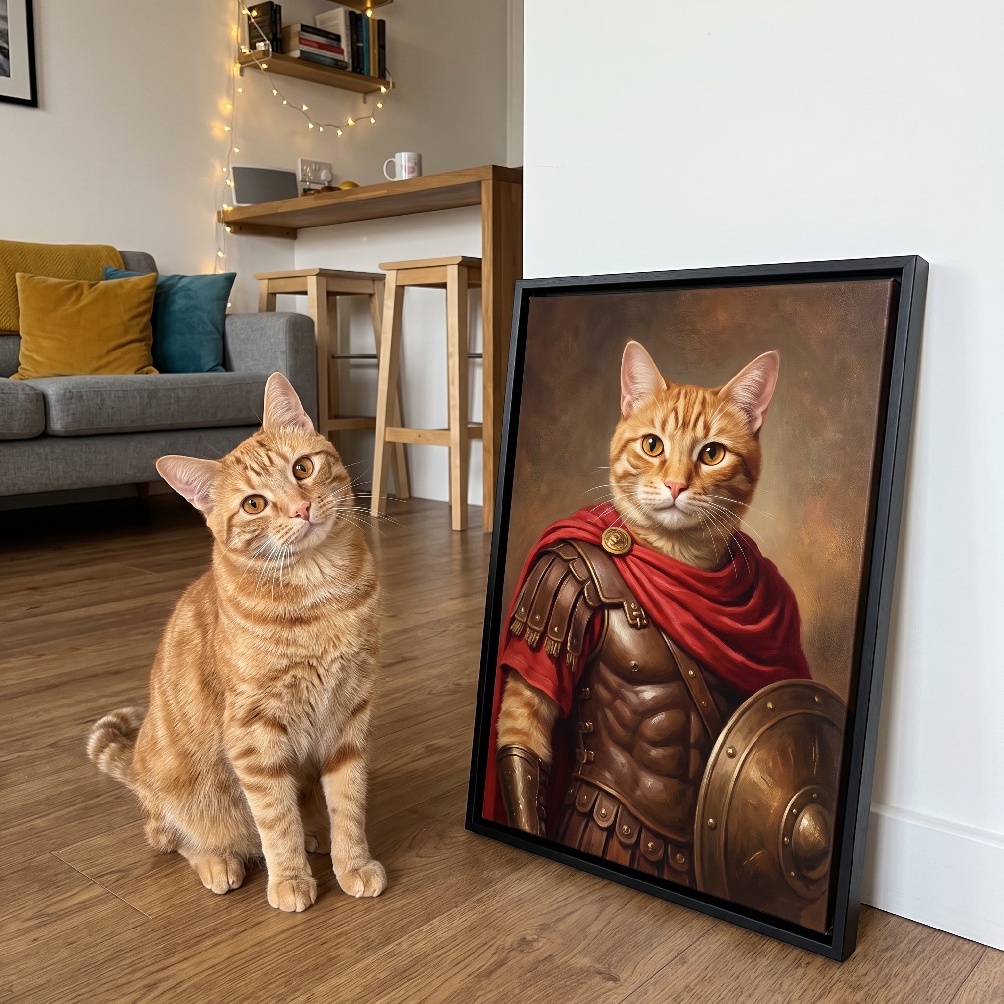 Ginger tabby cat next to its The Gladiator custom pet canvas