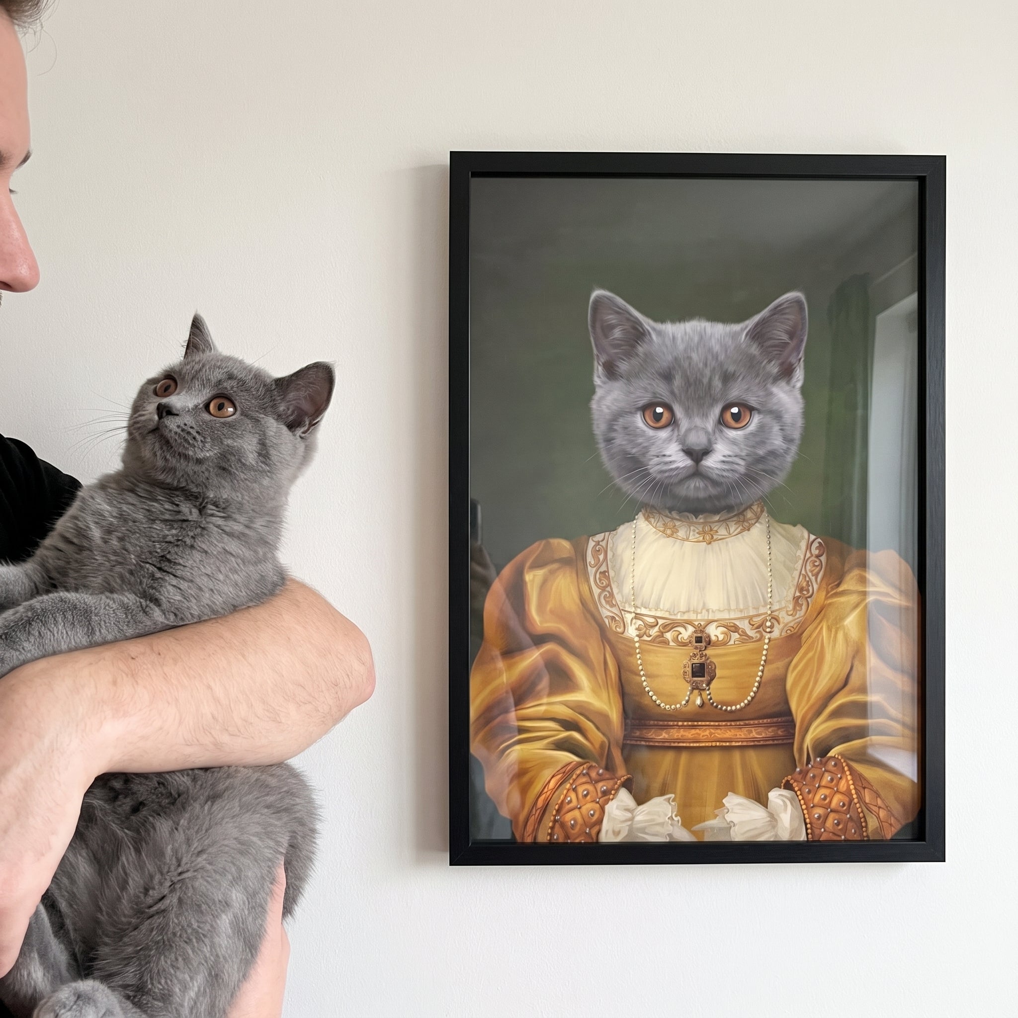 Grey british shorthair cat next to its The Golden Girl custom pet poster