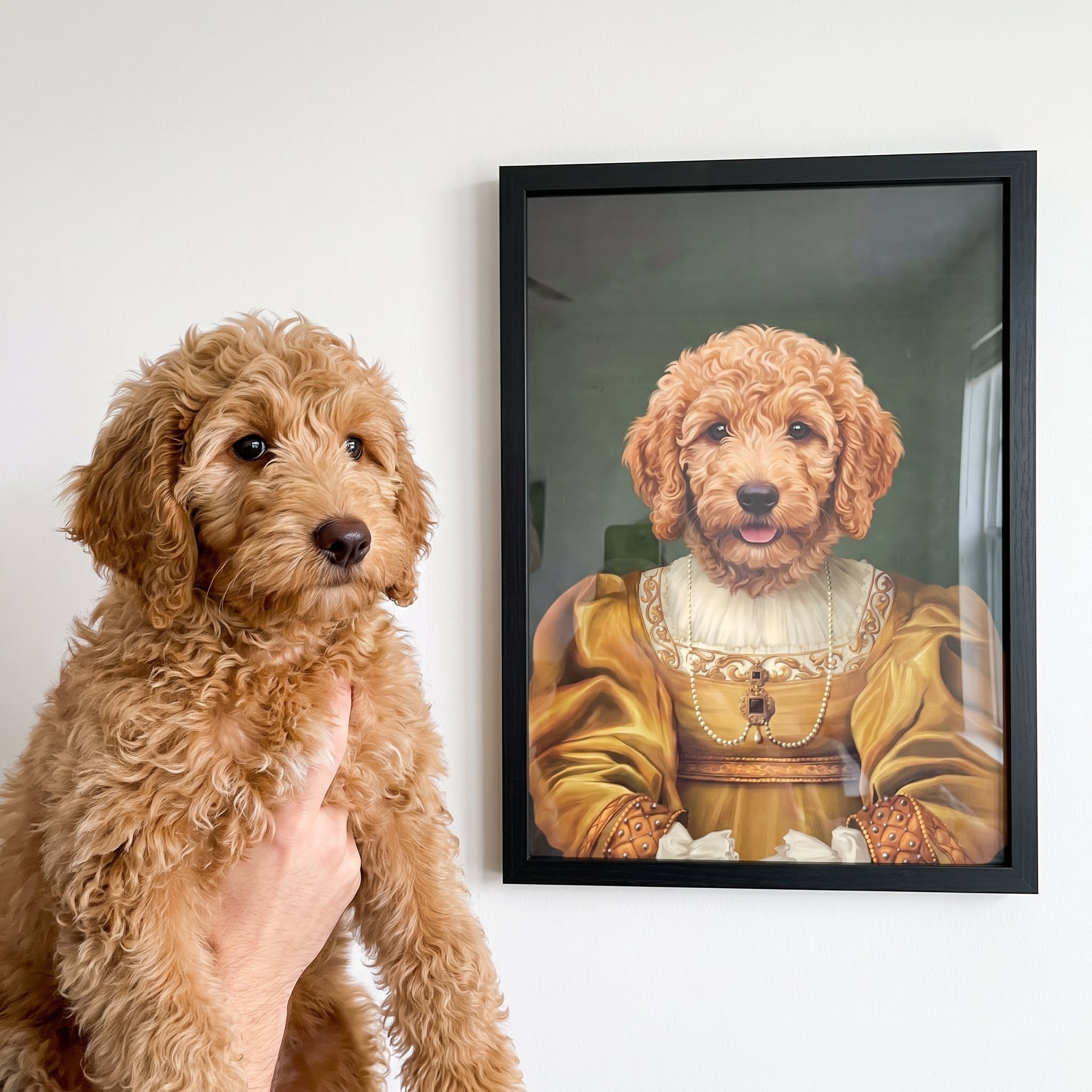 Goldendoodle next to its The Golden Girl custom pet poster
