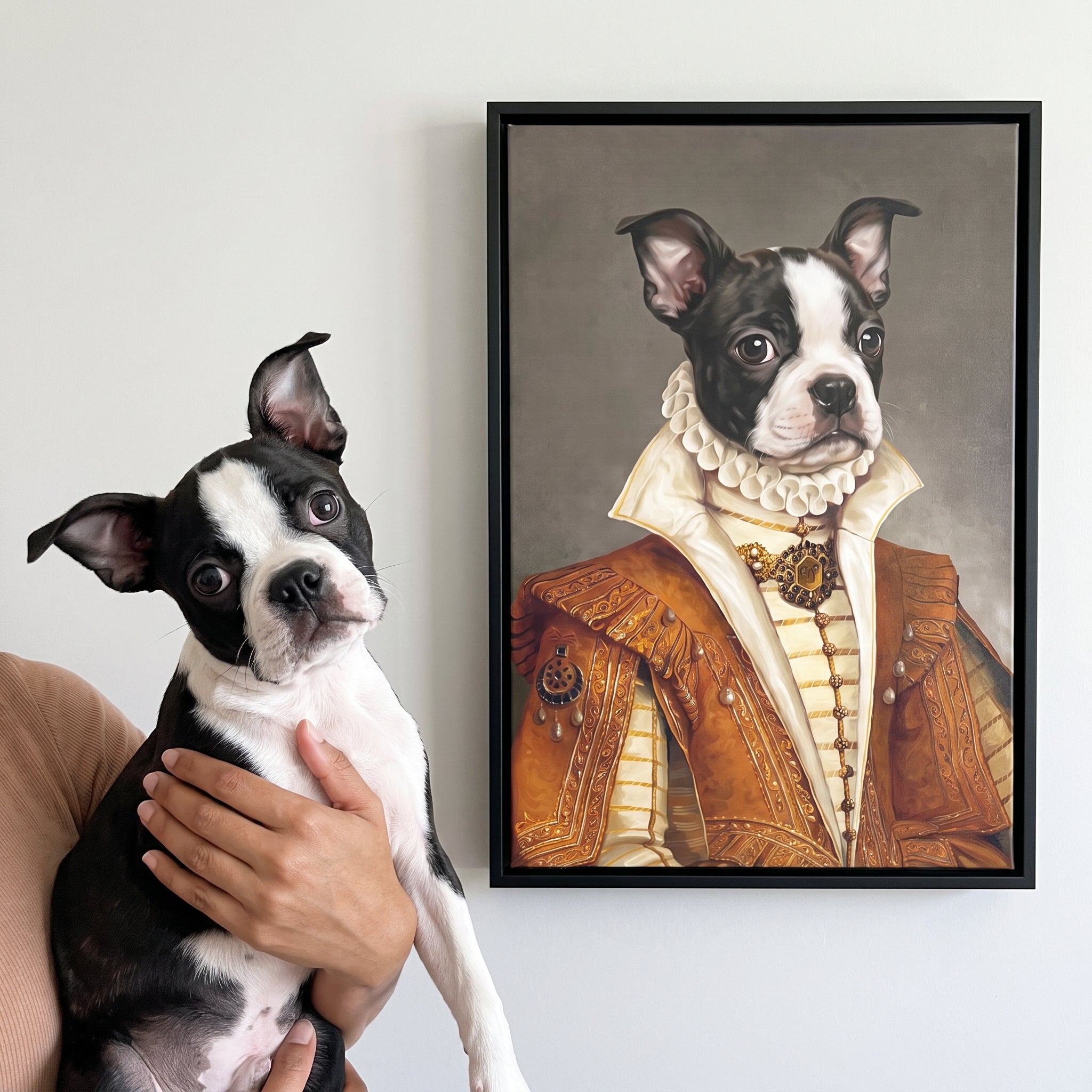 Boston terrier next to its The Golden Princess custom pet canvas