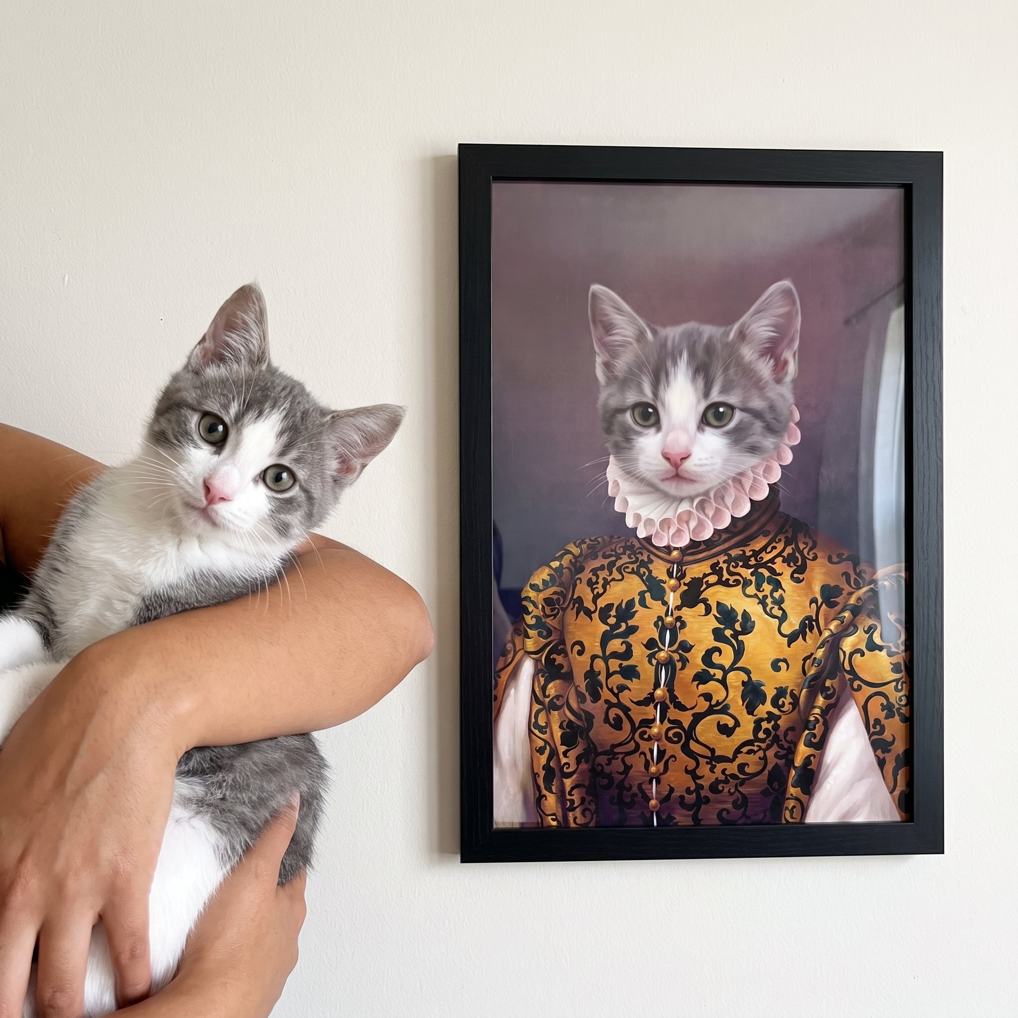 Grey and white cat next to its The Golden Queen custom pet poster