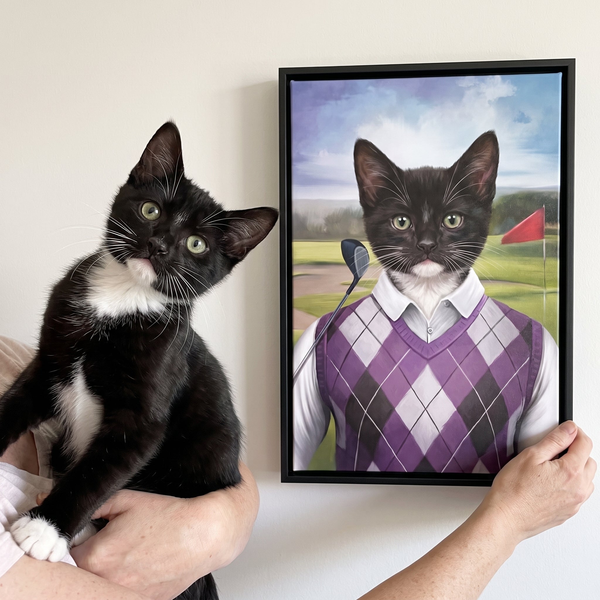 Tuxedo cat next to its The Golfer custom pet canvas