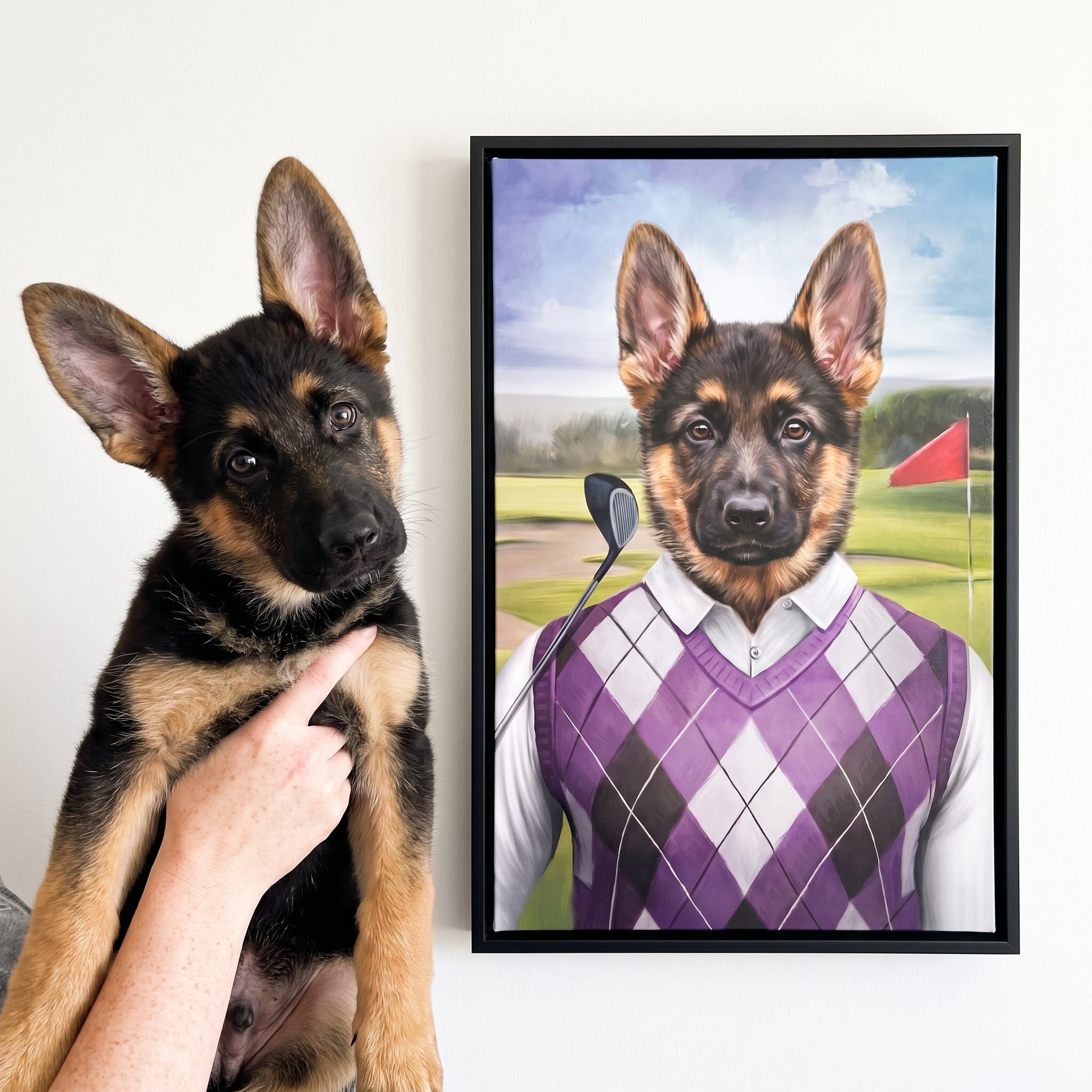 German shepherd next to its The Golfer custom pet canvas