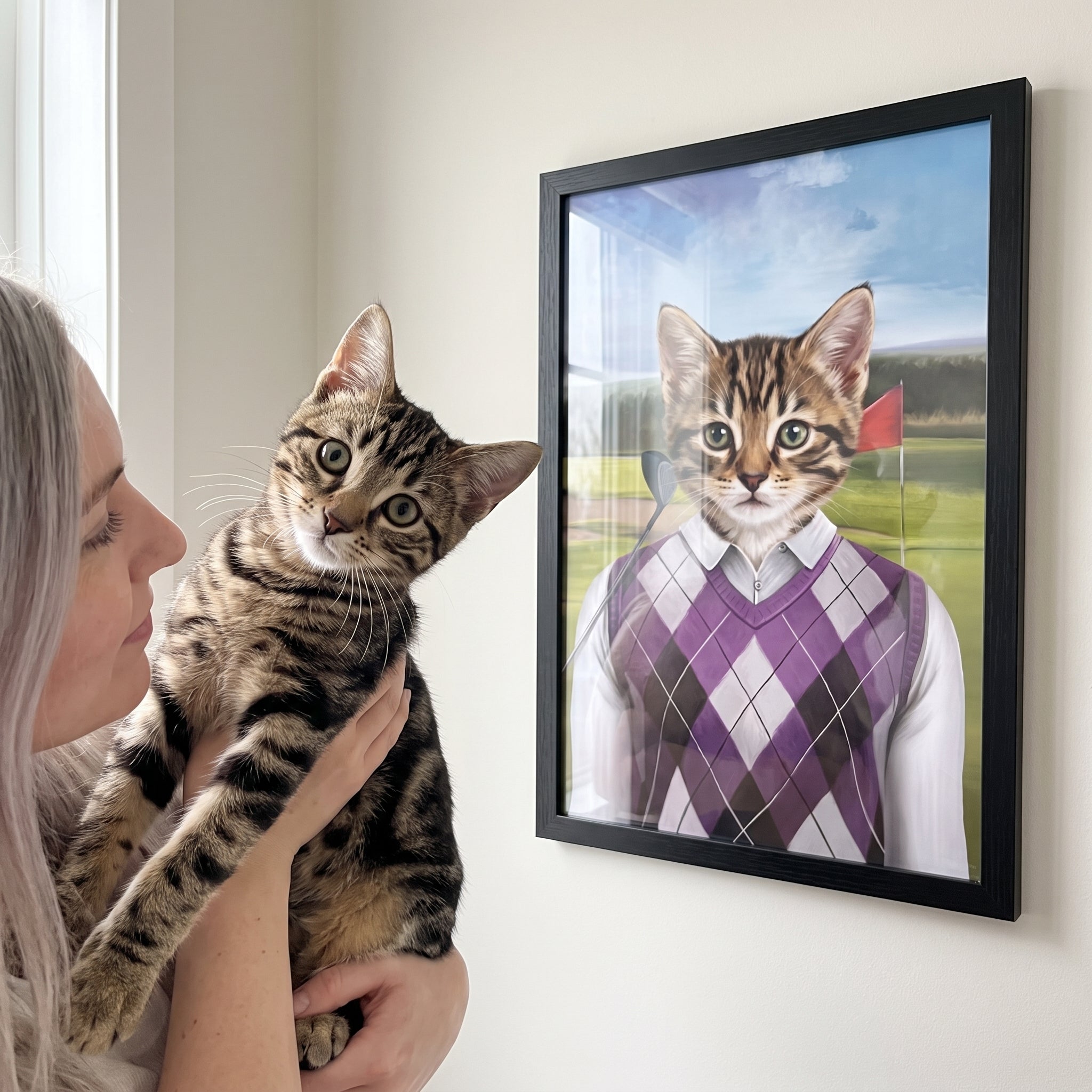 Brown tabby cat next to its The Golfer custom pet poster