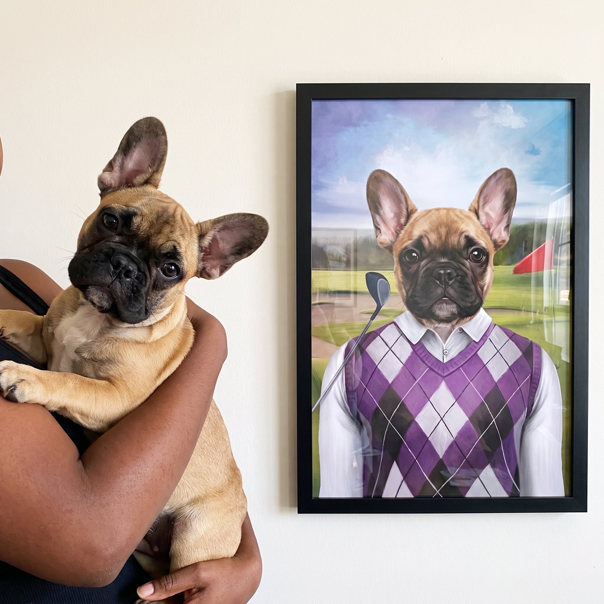 French bulldog next to its The Golfer custom pet poster