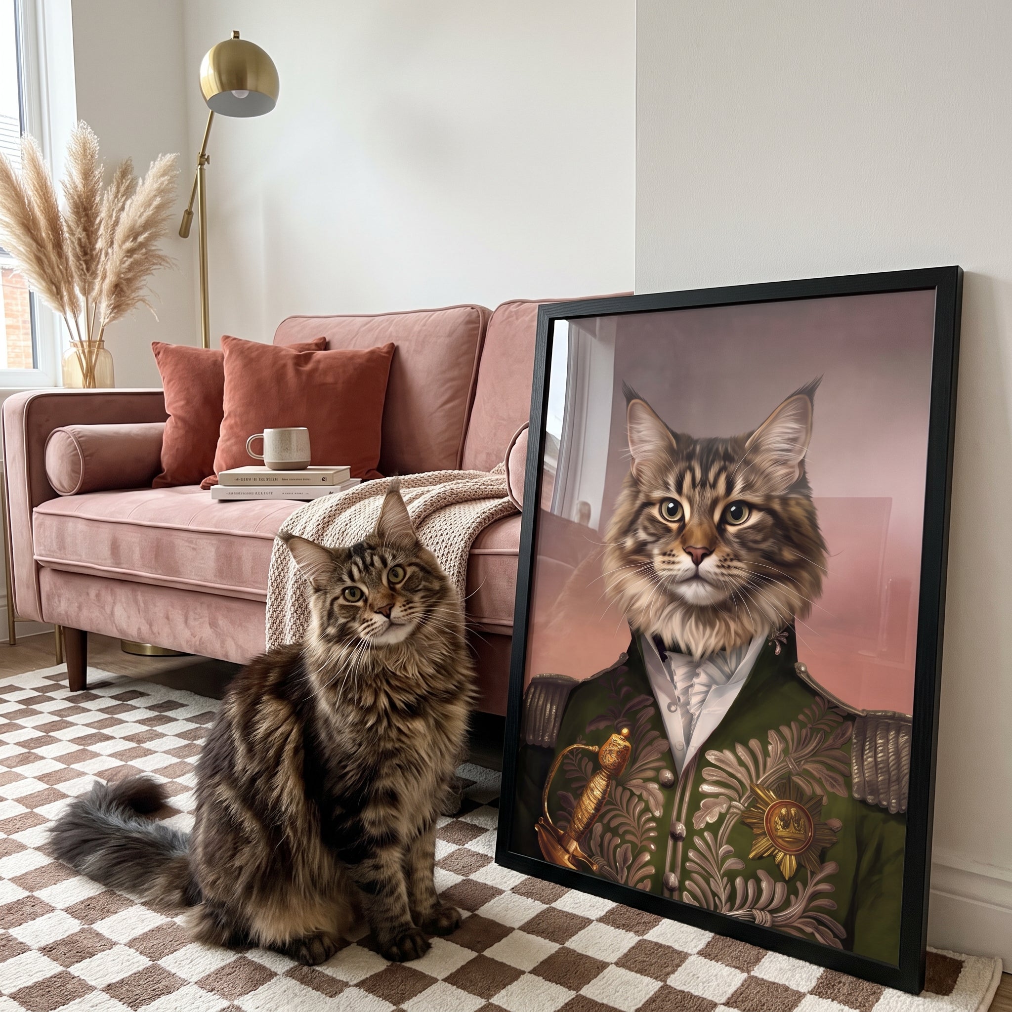 Fluffy maine coon cat next to its The Green General custom pet poster