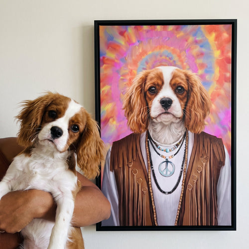 Cavalier king charles spaniel next to its The Hippie custom pet canvas