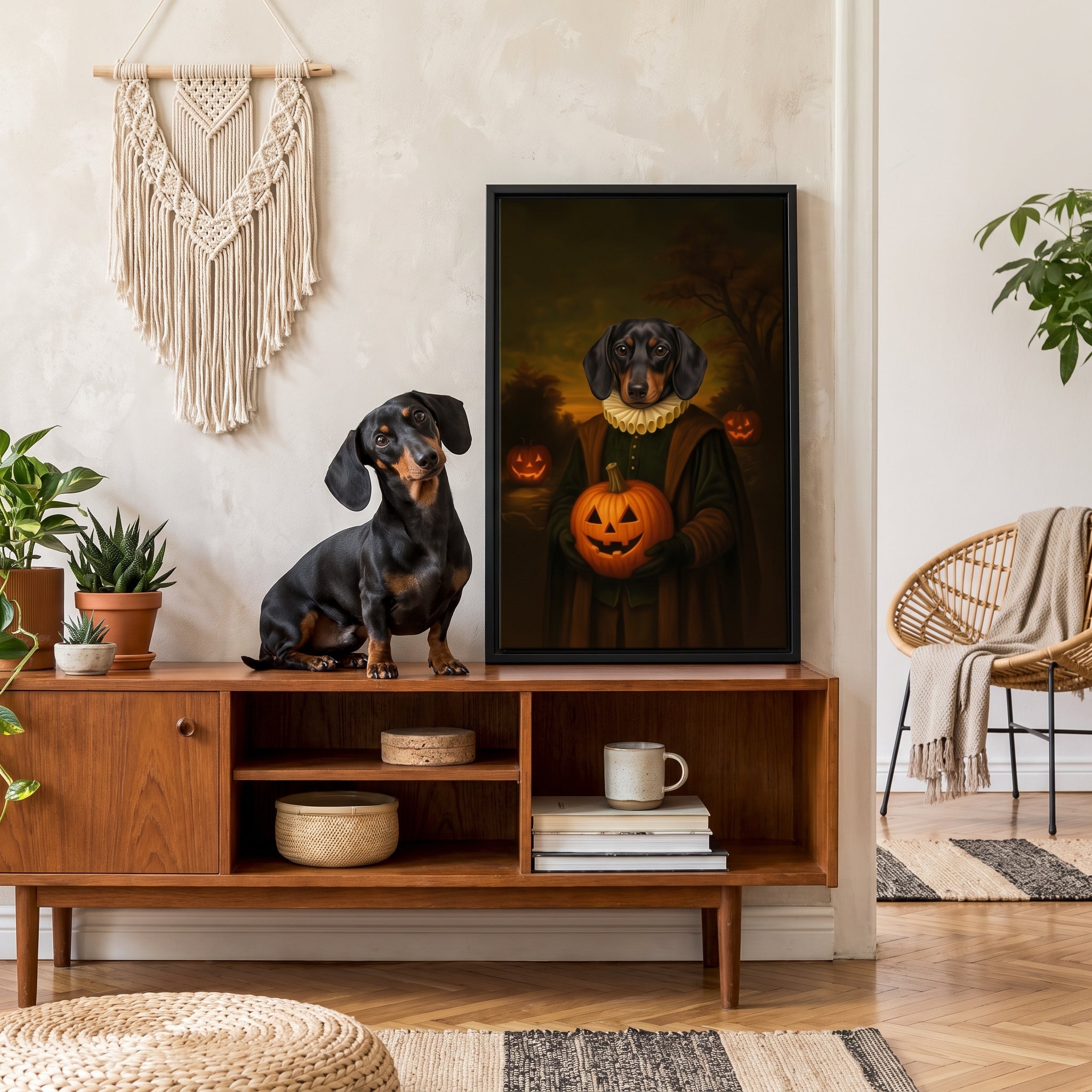 Miniature dachshund next to its The Howloween Renaissance custom pet canvas