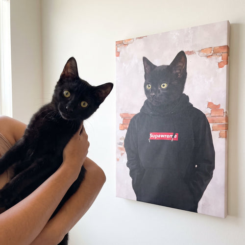 Black cat next to its The Hypebeast custom pet canvas