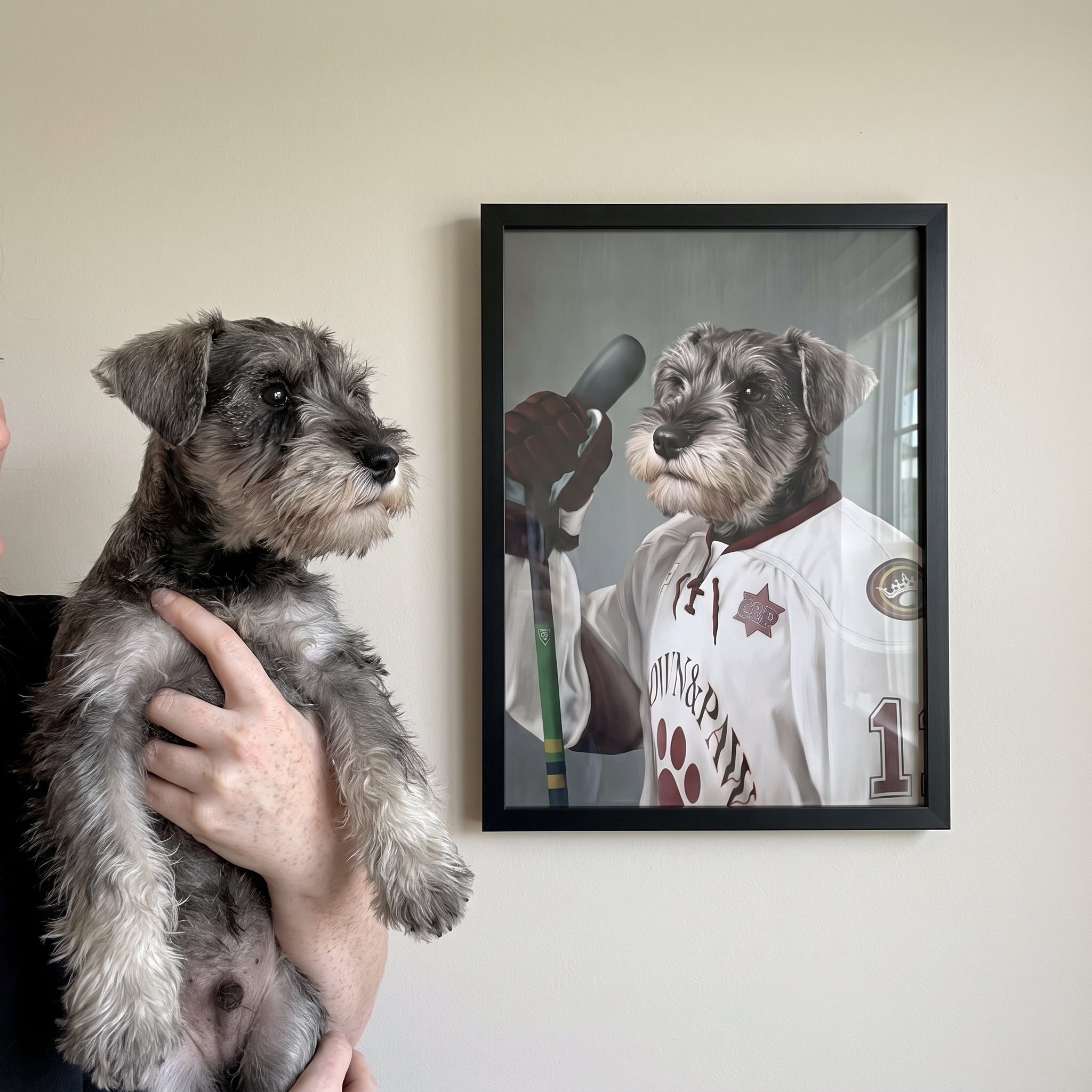Miniature schnauzer next to its The Ice Hockey Player custom pet poster
