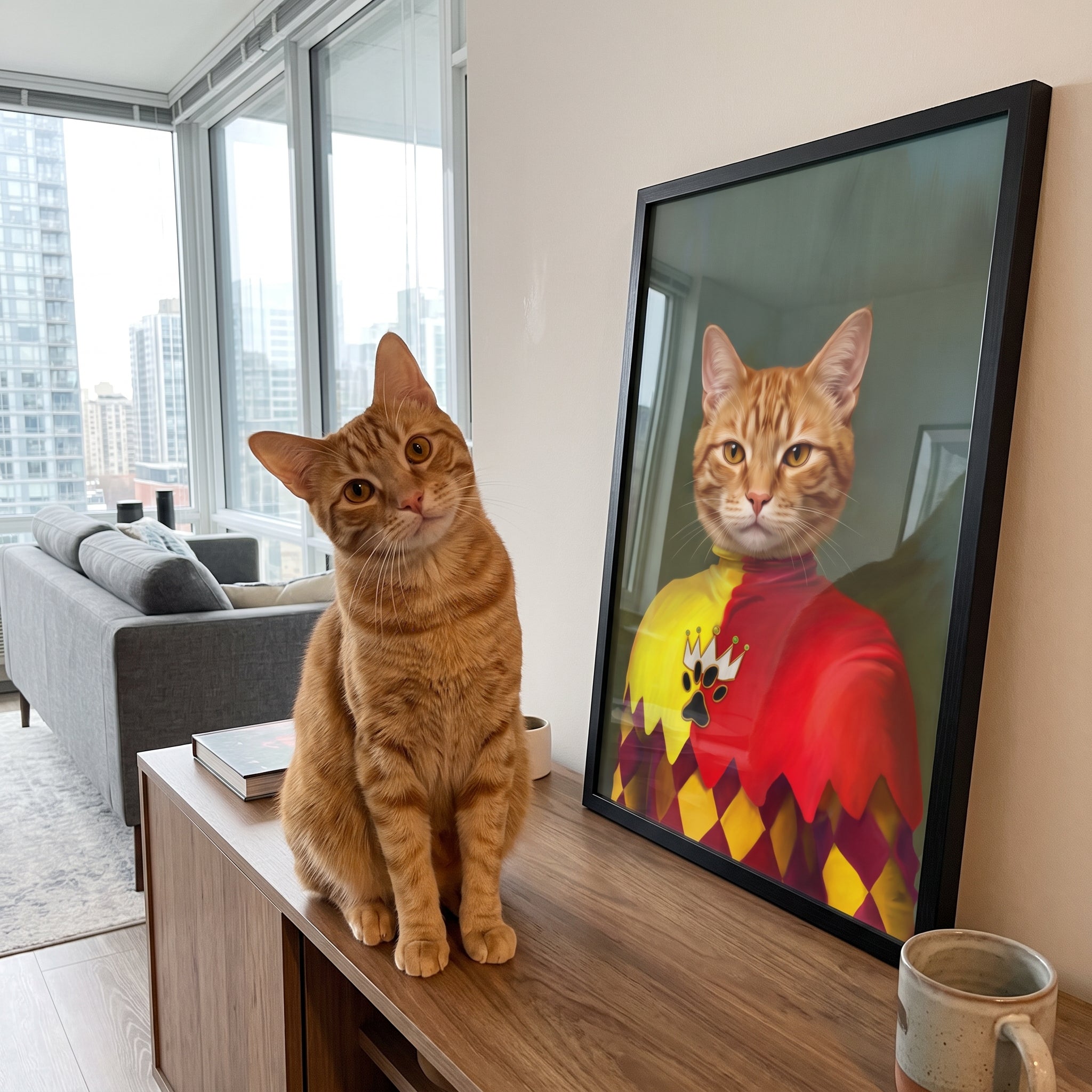 Ginger tabby cat next to its The Jester custom pet poster