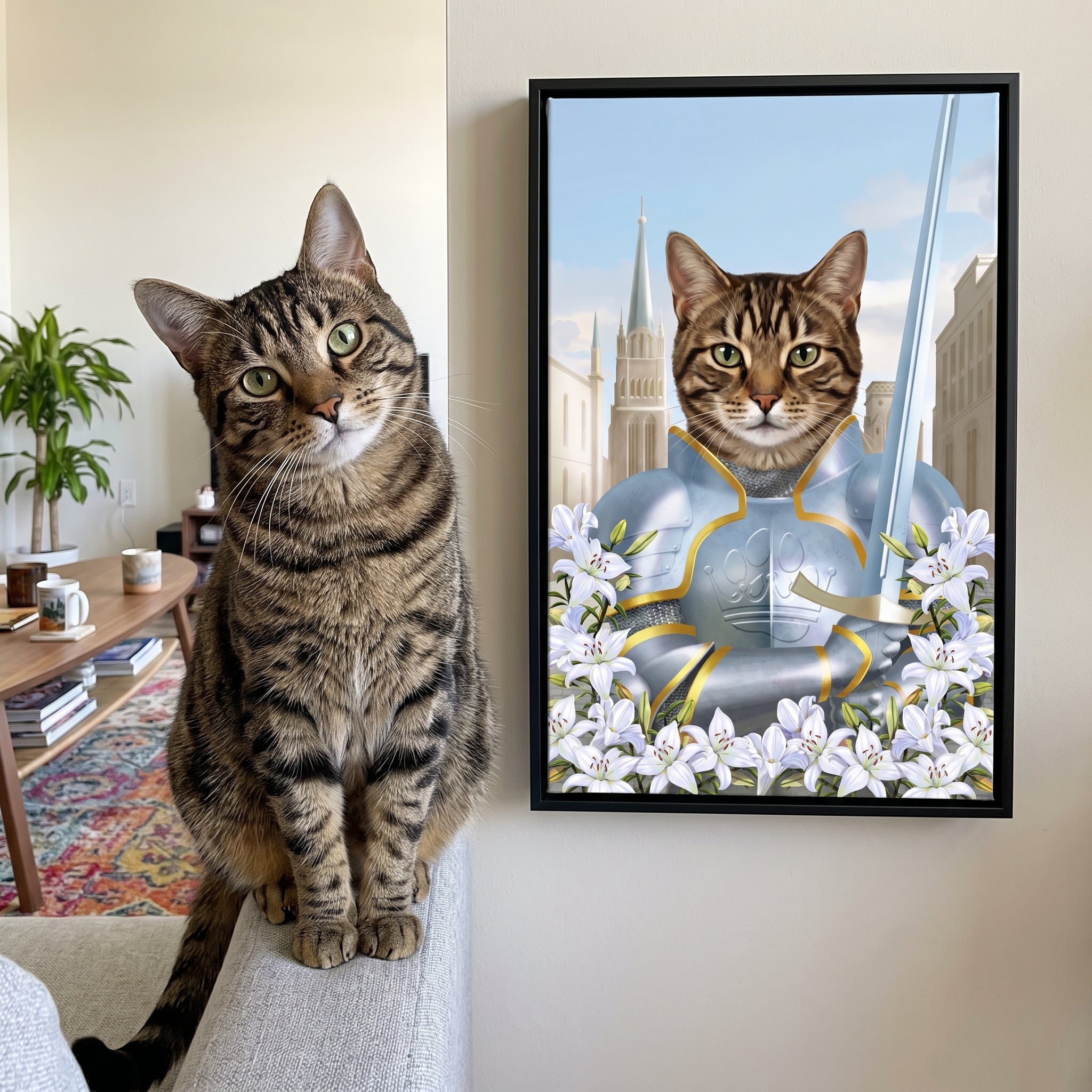 Brown tabby cat next to its The Joan custom pet canvas