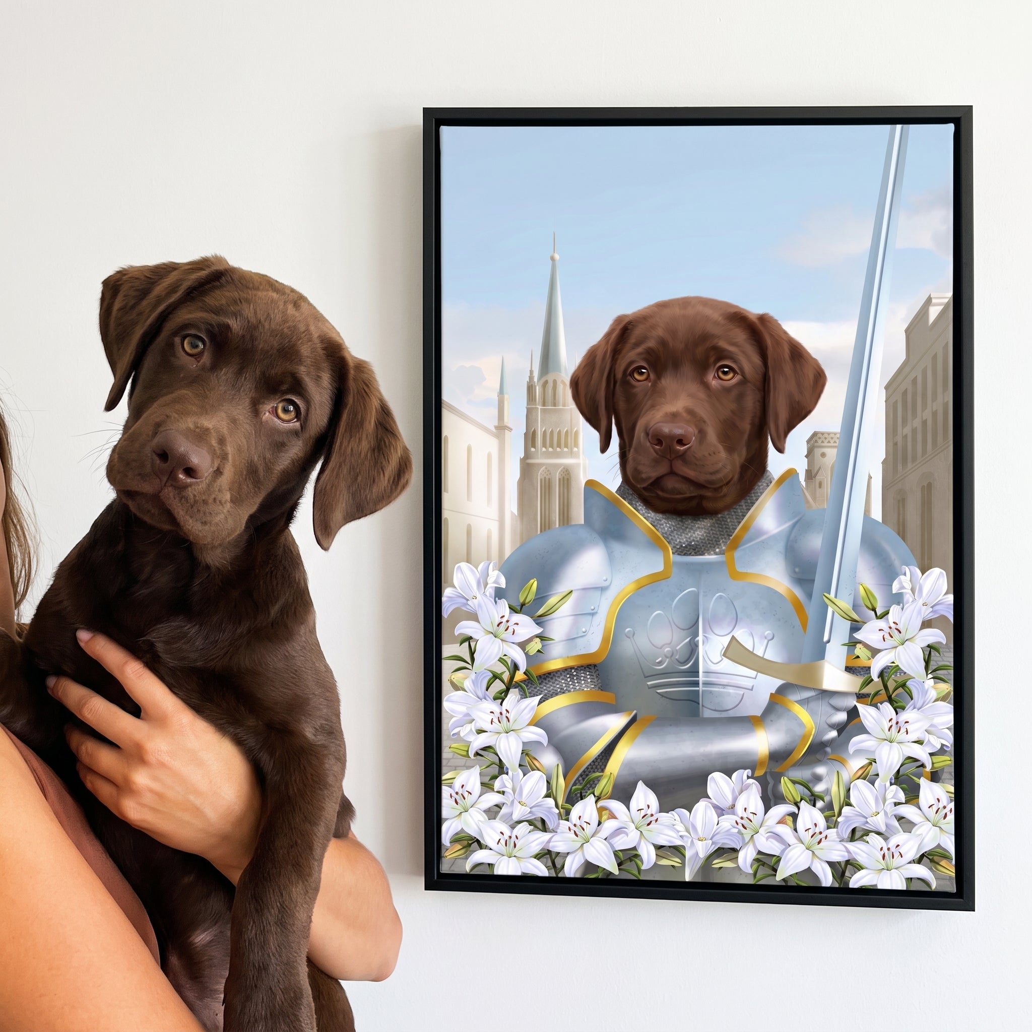 Chocolate labrador next to its The Joan custom pet canvas