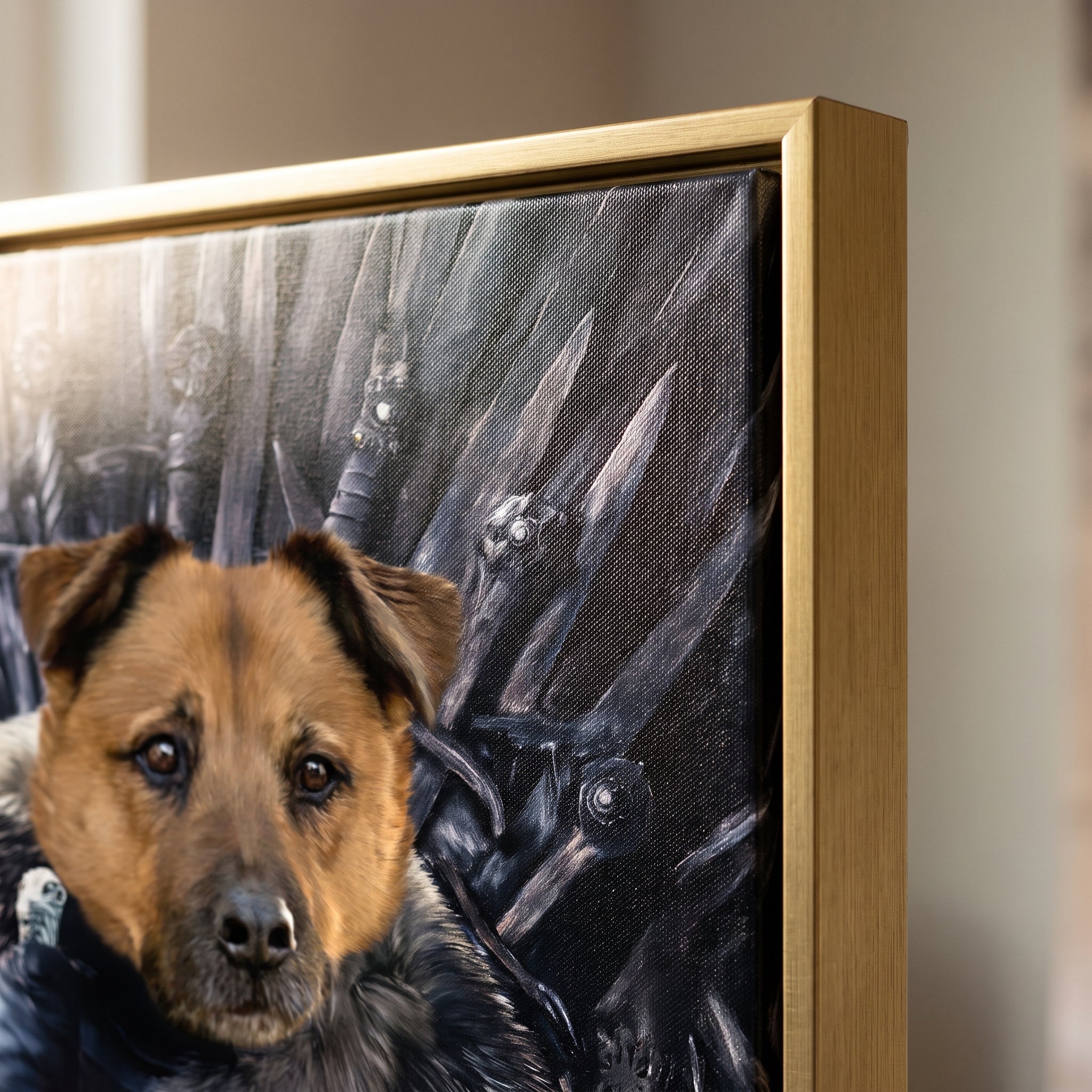 Close-up details of The King in the North custom pet canvas