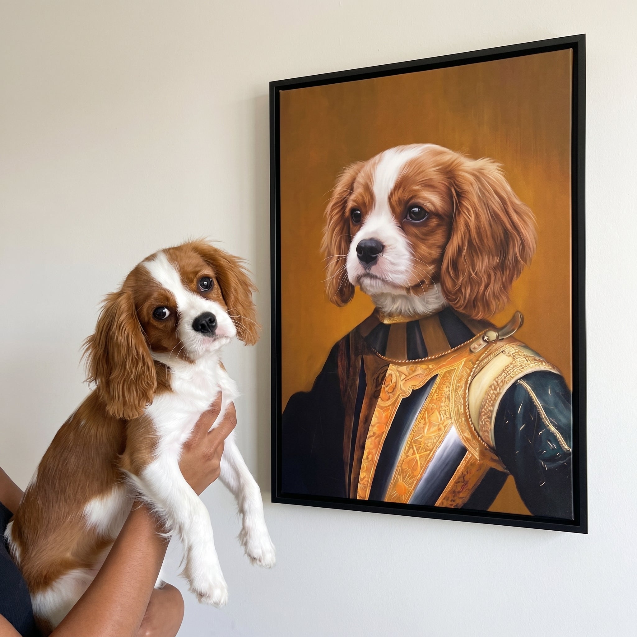 Cavalier king charles spaniel next to its The Knight custom pet canvas