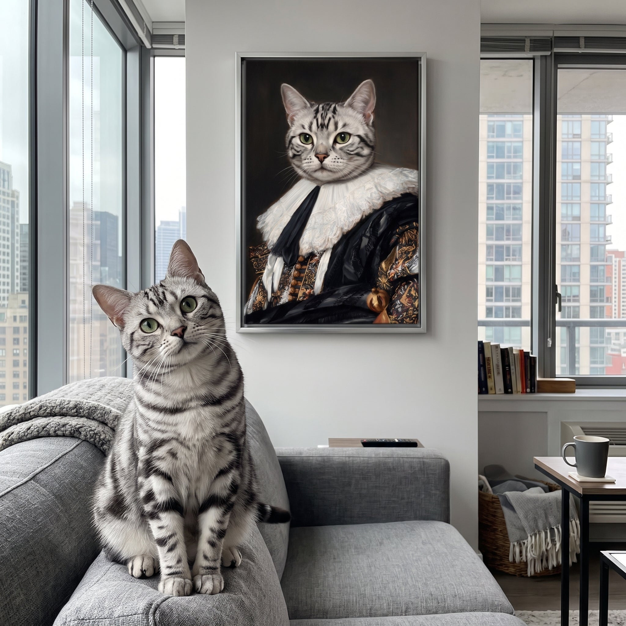 Silver tabby cat next to its The Laughing Cavalier custom pet canvas