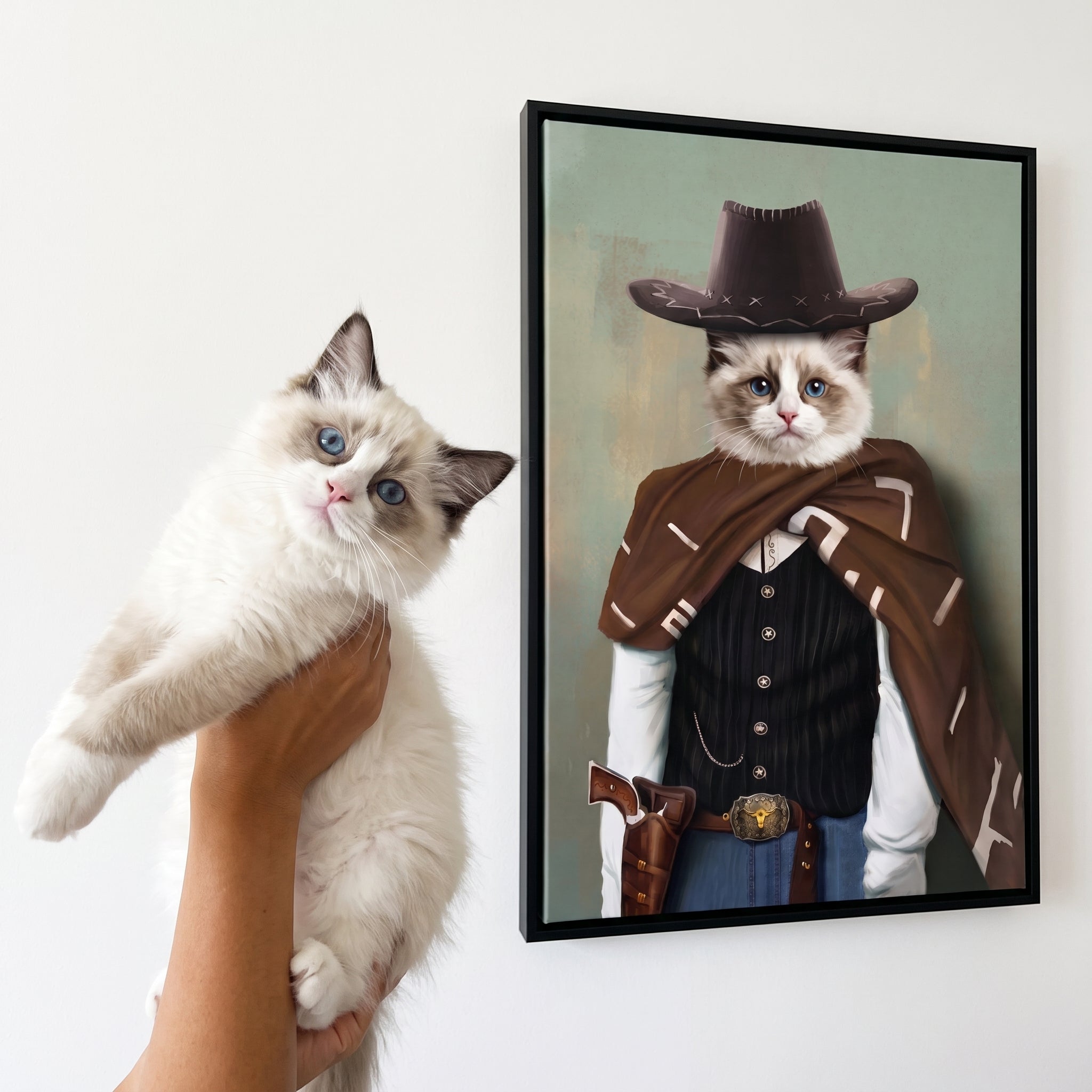 White ragdoll cat next to its The Lone Ranger custom pet canvas