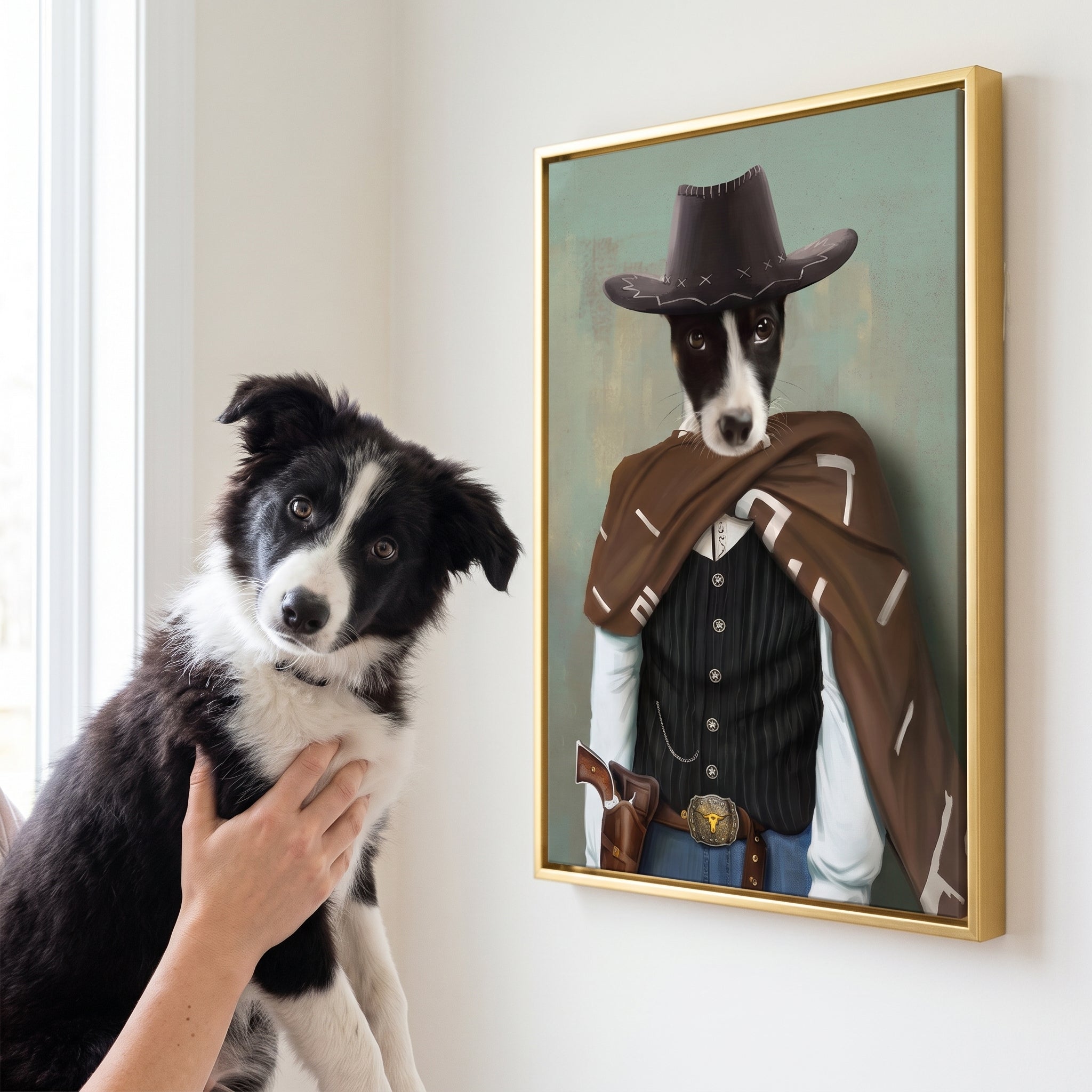 Border collie next to its The Lone Ranger custom pet canvas