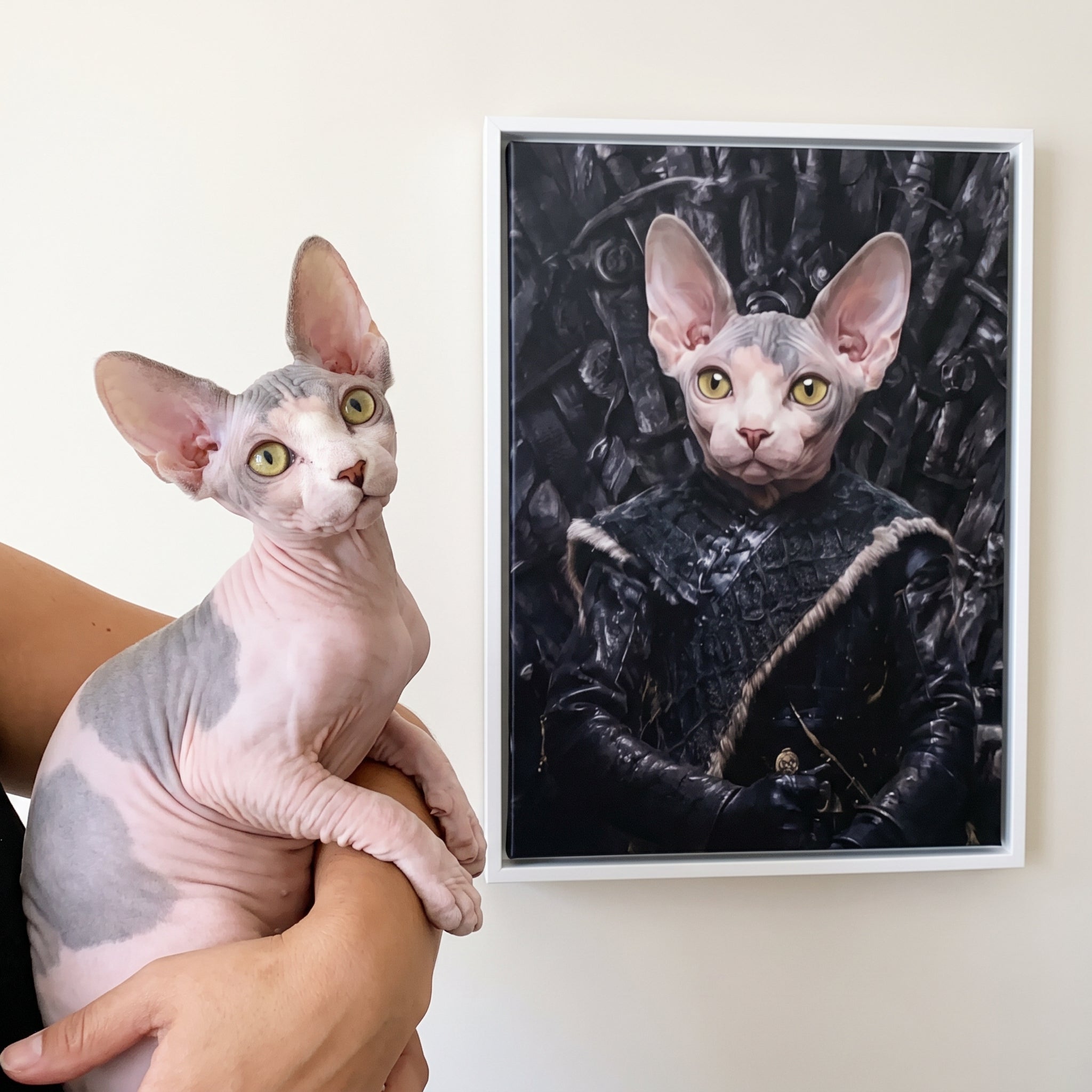 Sphynx cat next to its The Lone Wolf custom pet canvas