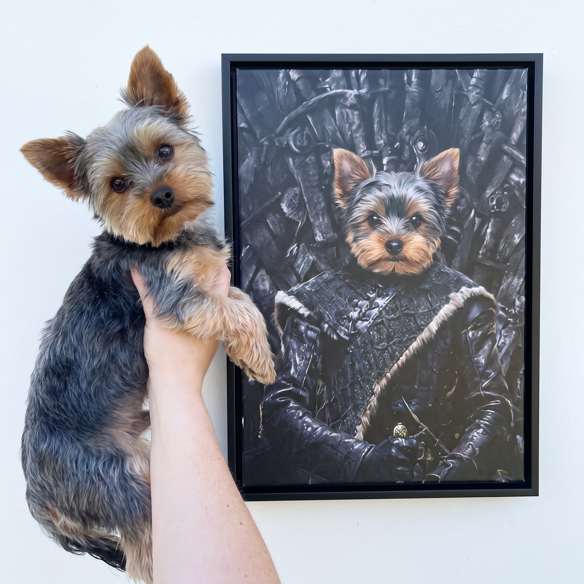 Yorkshire terrier next to its The Lone Wolf custom pet canvas