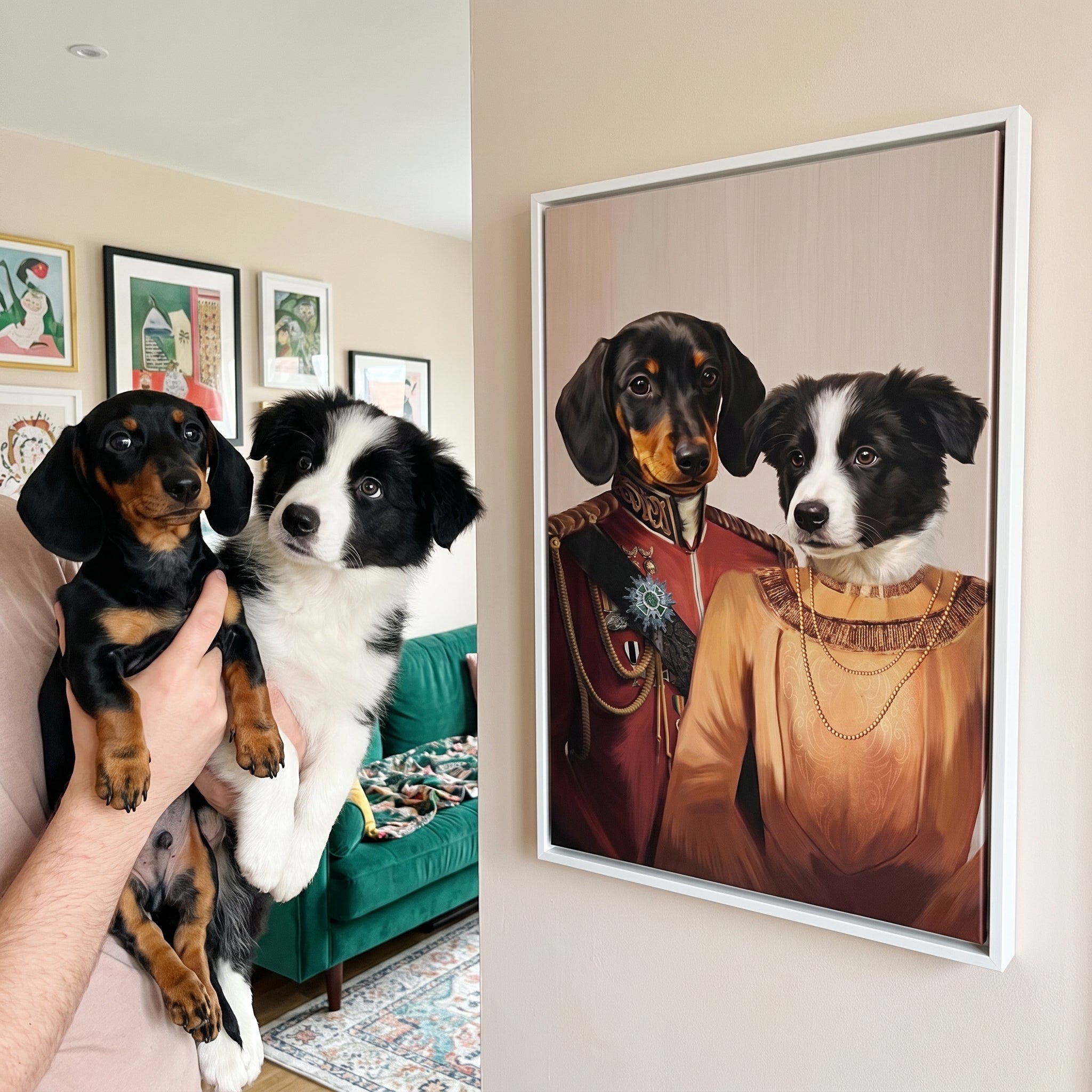 Miniature dachshund and border collie next to its The Lord And Lady custom pet canvas