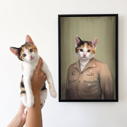Calico cat next to its The Male Naval Officer custom pet canvas