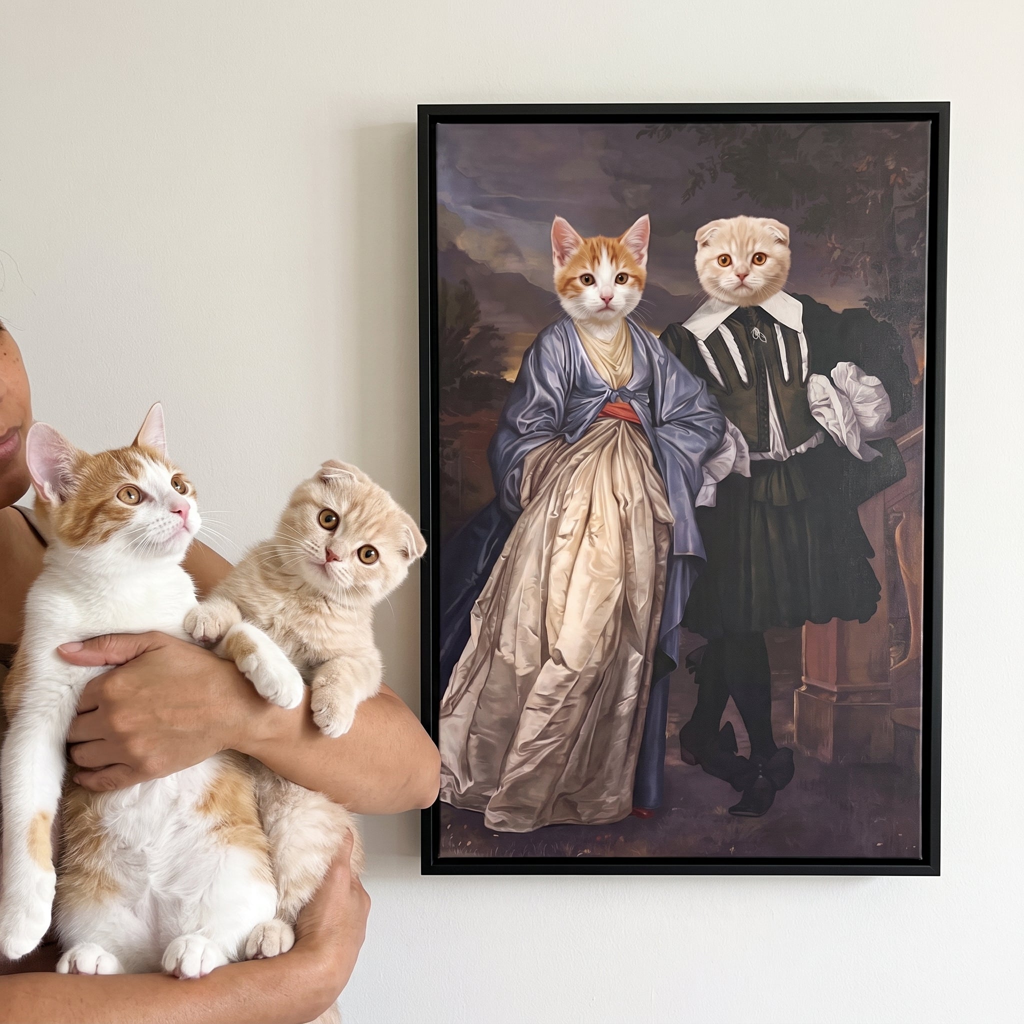 Ginger and white cat and scottish f next to its The Midnight Stroll custom pet canvas