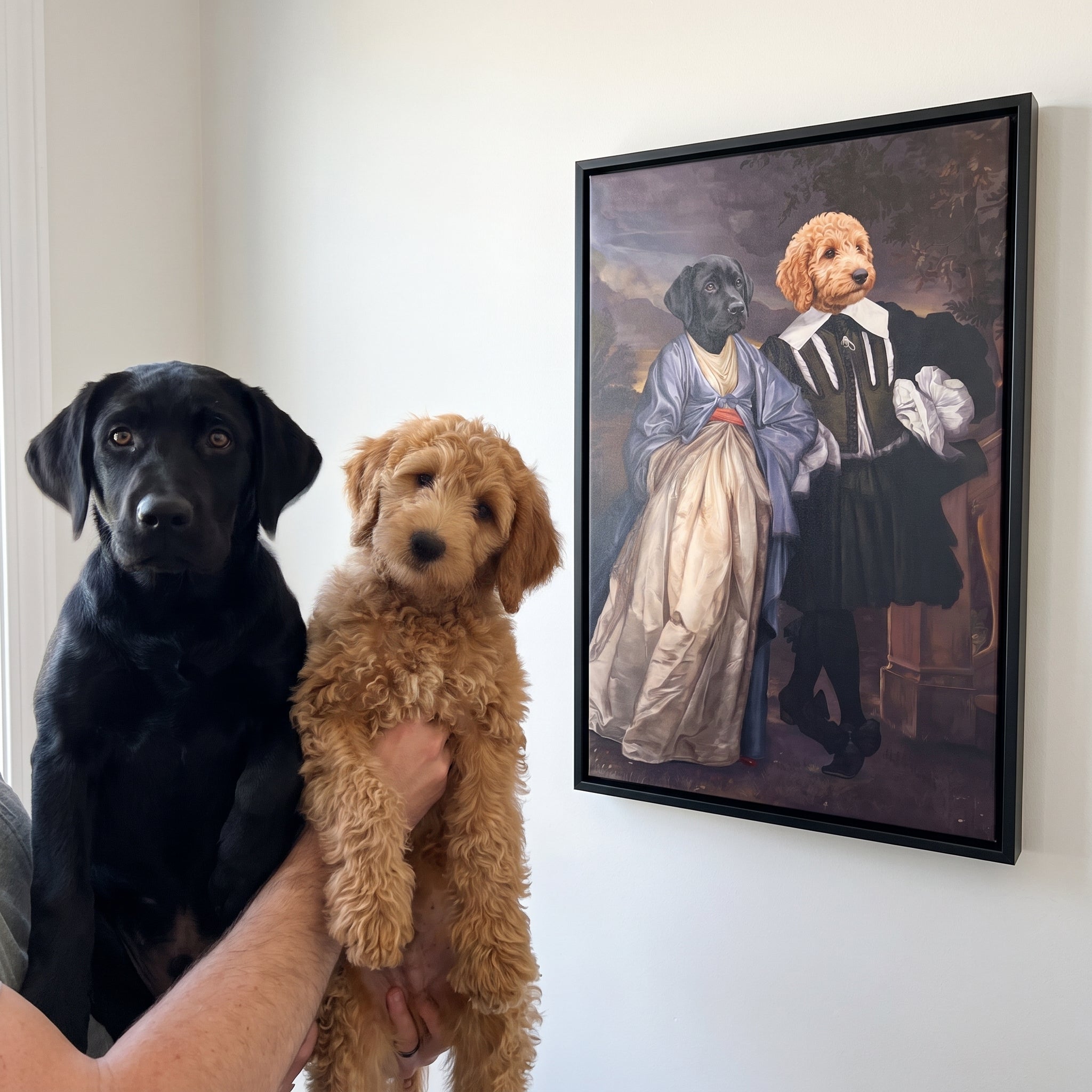 Black labrador and goldendoodle next to its The Midnight Stroll custom pet canvas