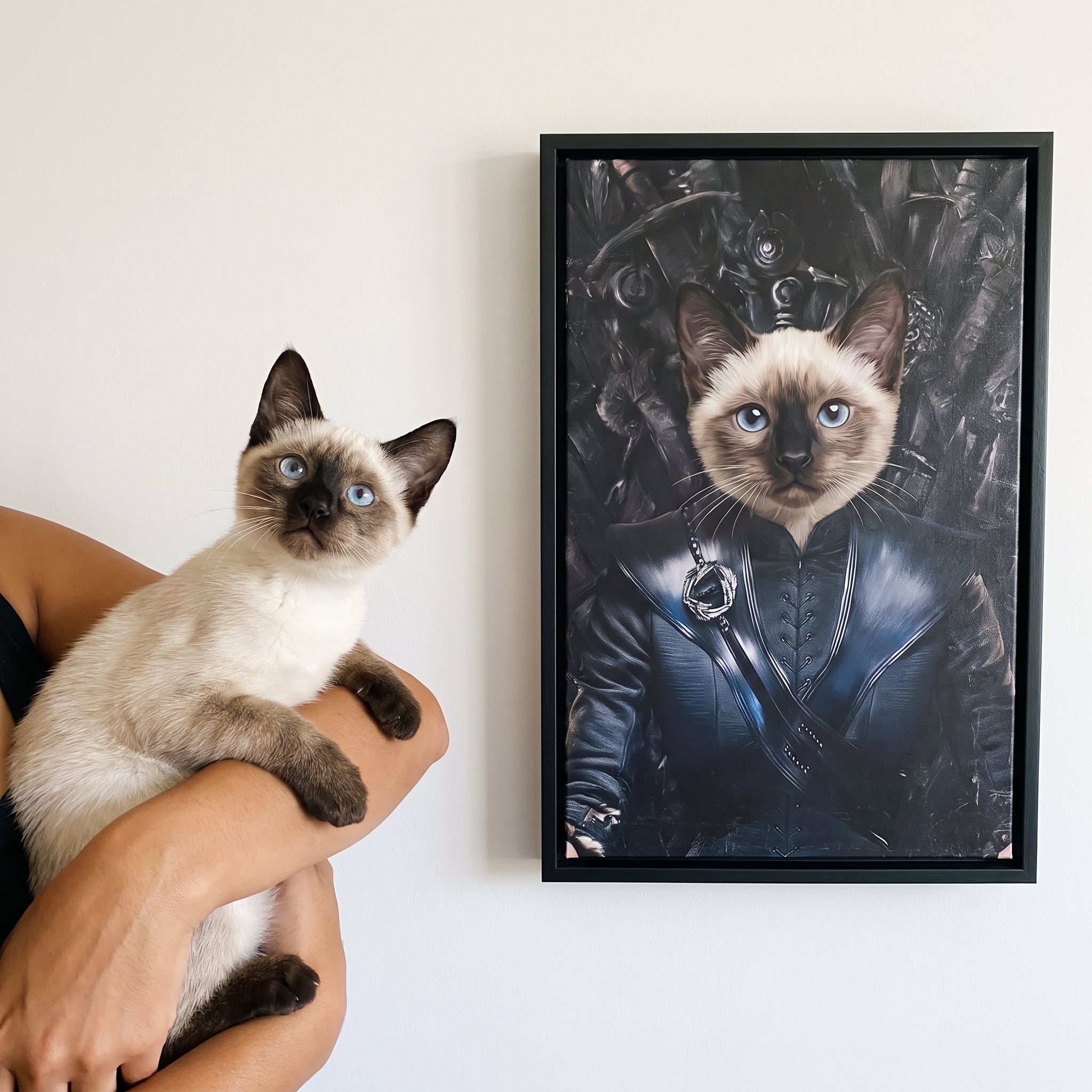 Siamese cat next to its The Mother Of Dragons custom pet canvas