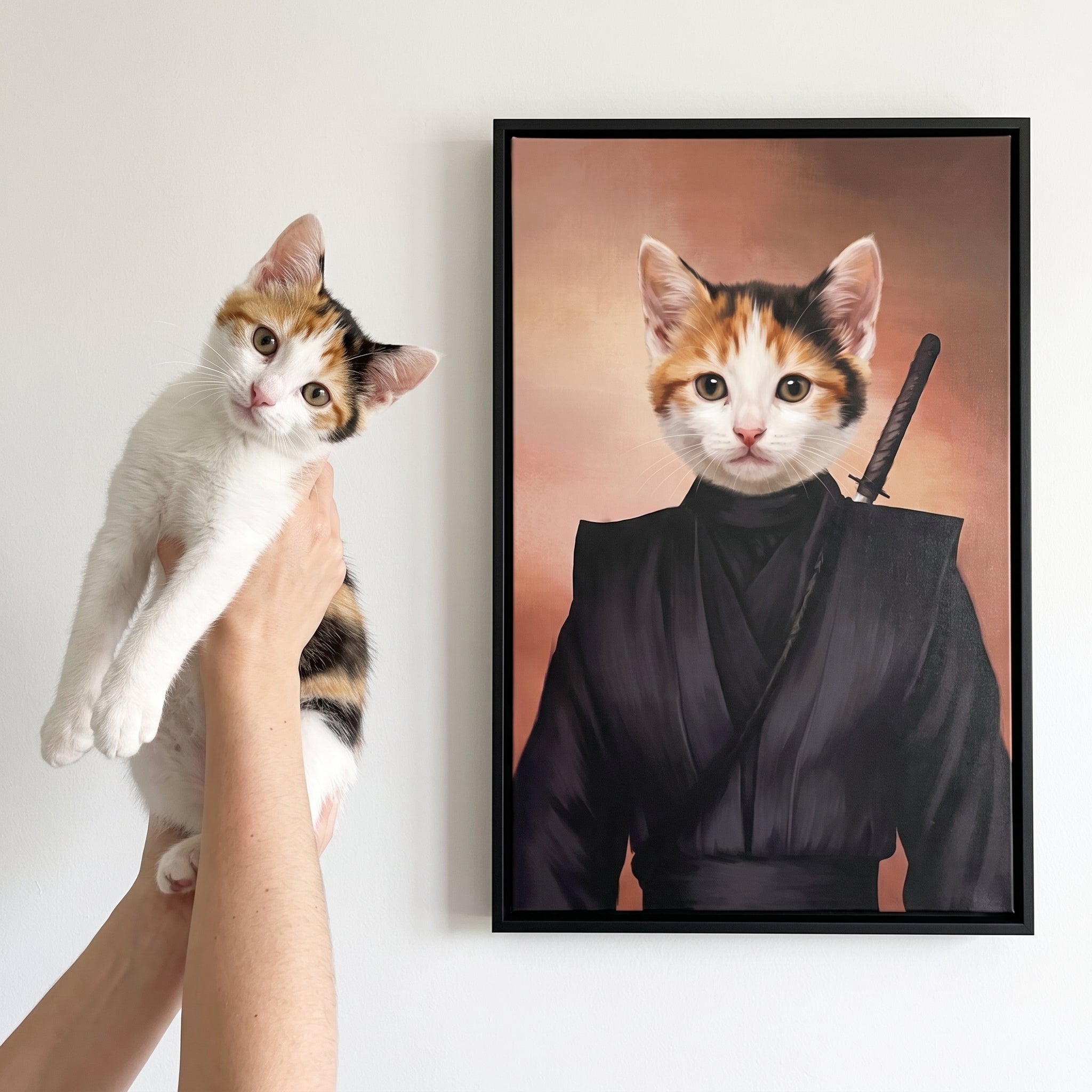 Calico cat next to its The Ninja custom pet canvas