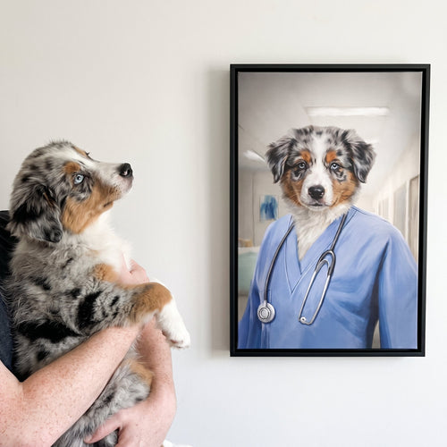 Blue merle australian shepherd next to its The Nurse custom pet canvas