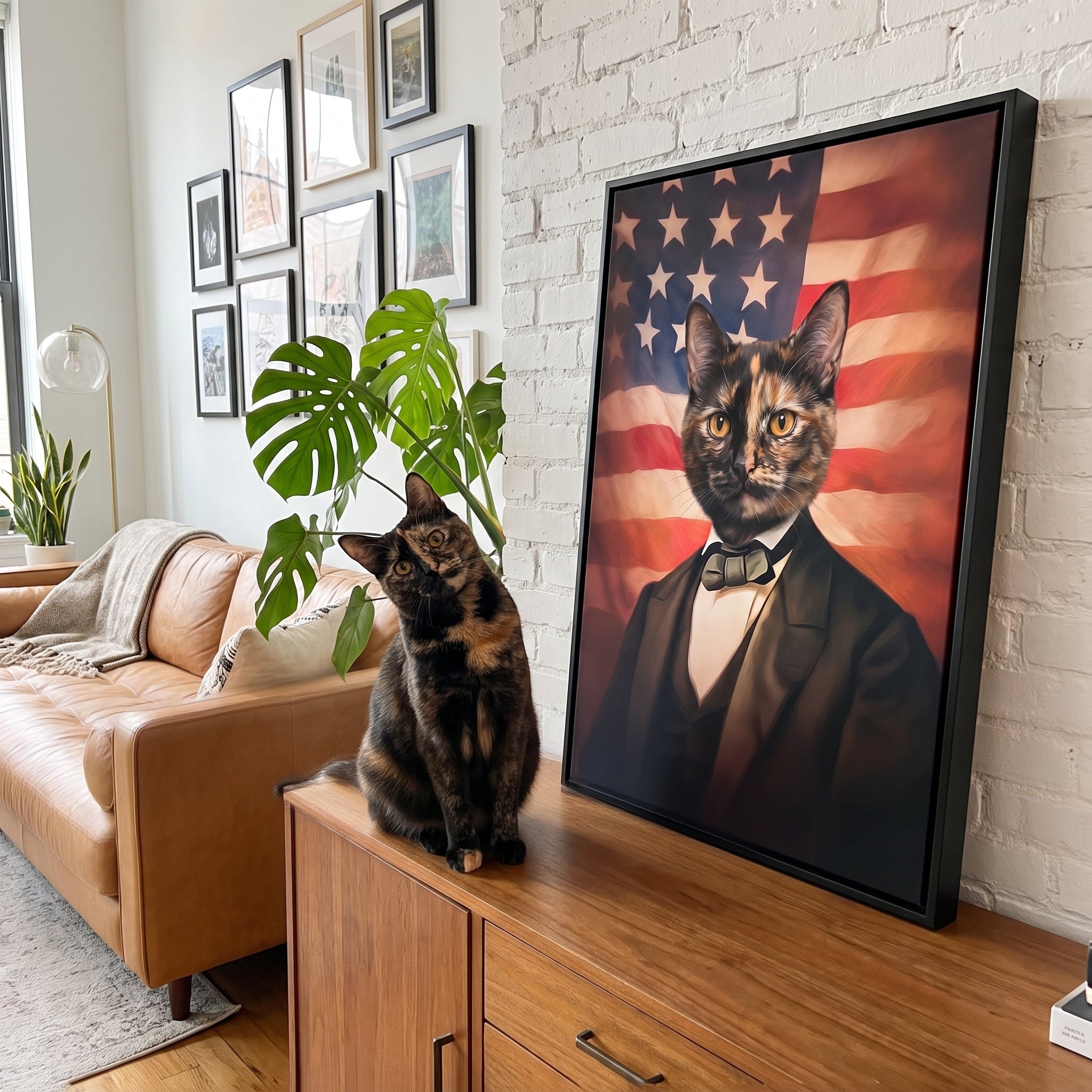 Tortoiseshell cat next to its The Patriot custom pet canvas