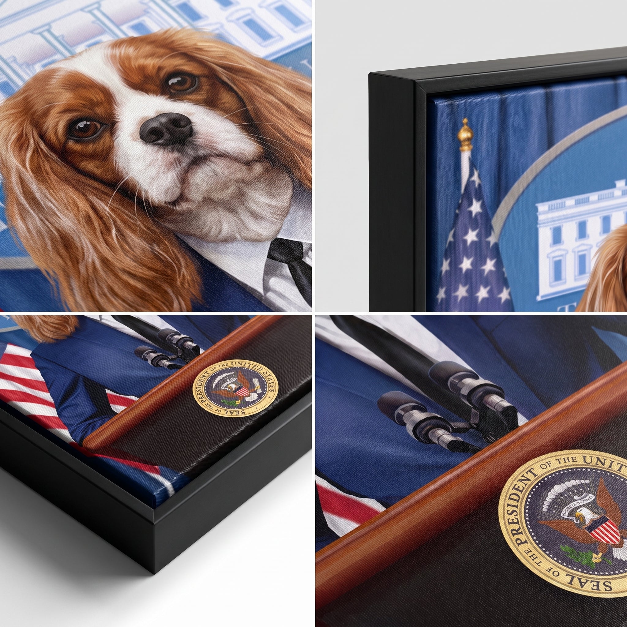 Close-up details of The Pawresident custom pet canvas