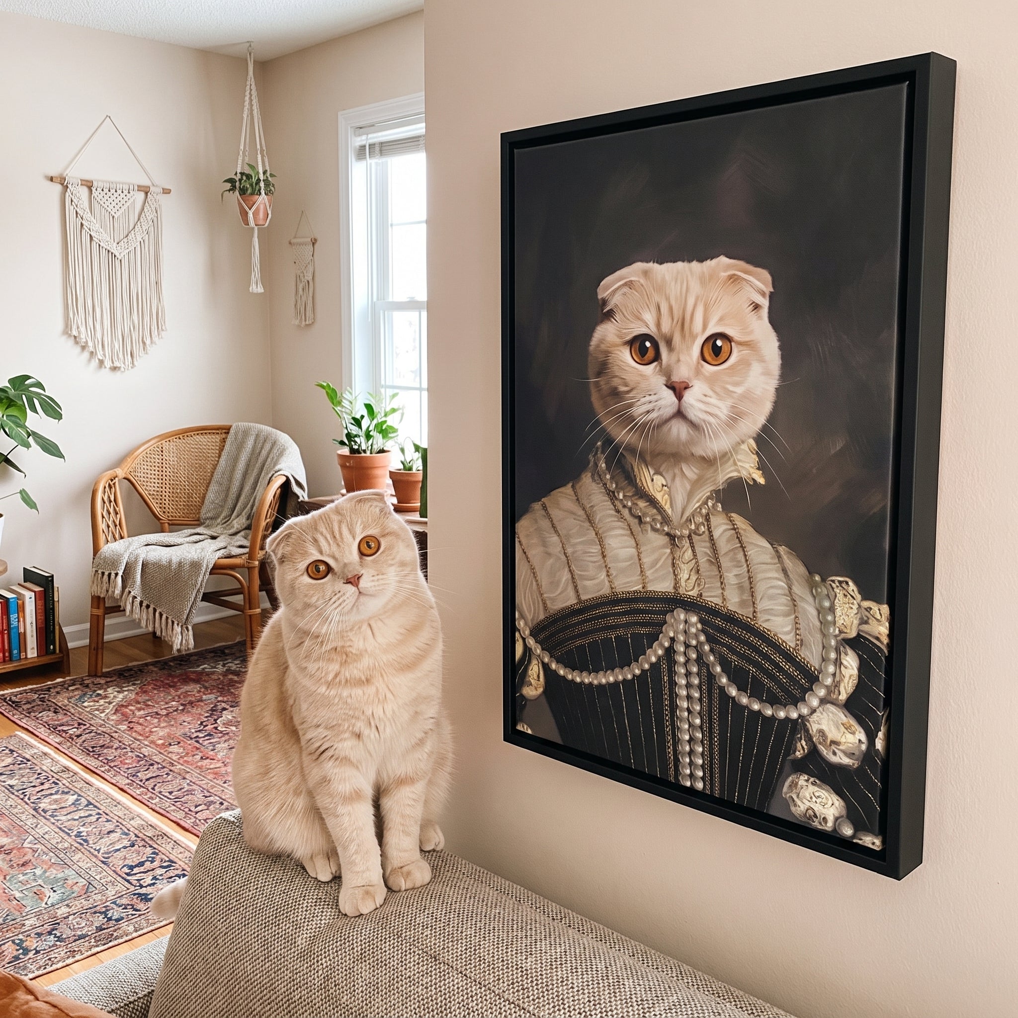 Scottish fold cat next to its The Pearled Lady custom pet canvas