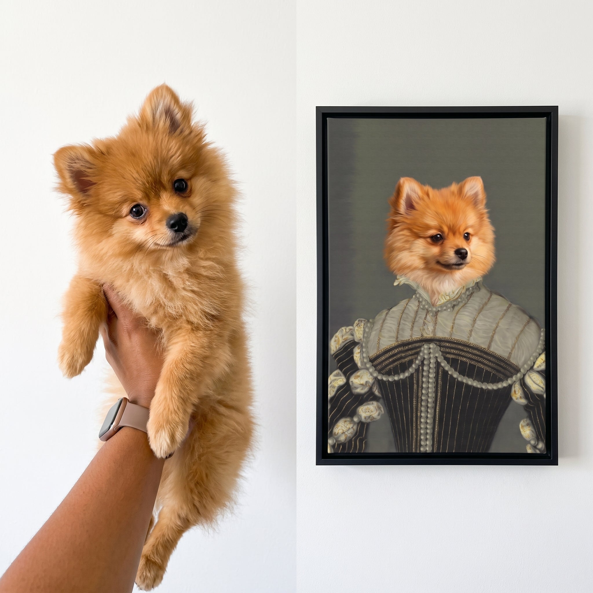 Pomeranian next to its The Pearled Lady custom pet canvas