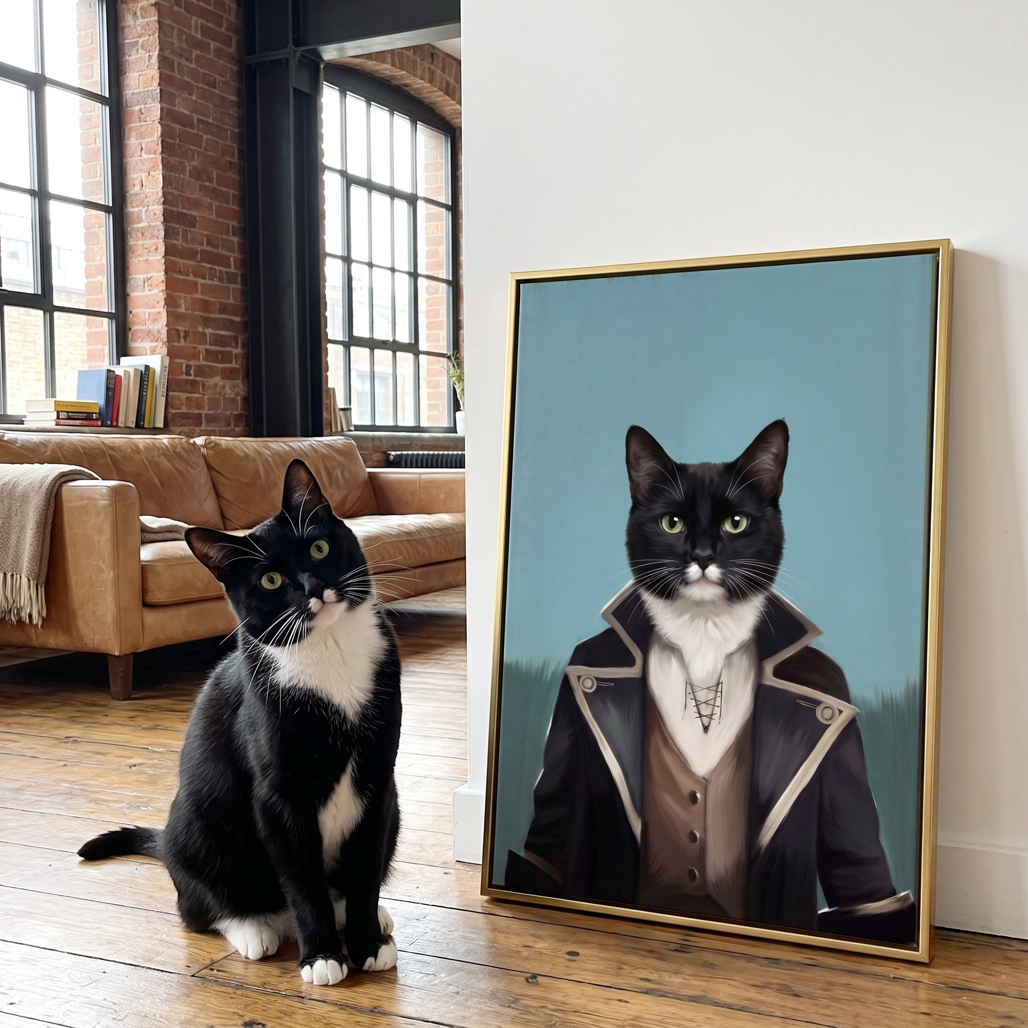 Tuxedo cat next to its The Pirate custom pet canvas