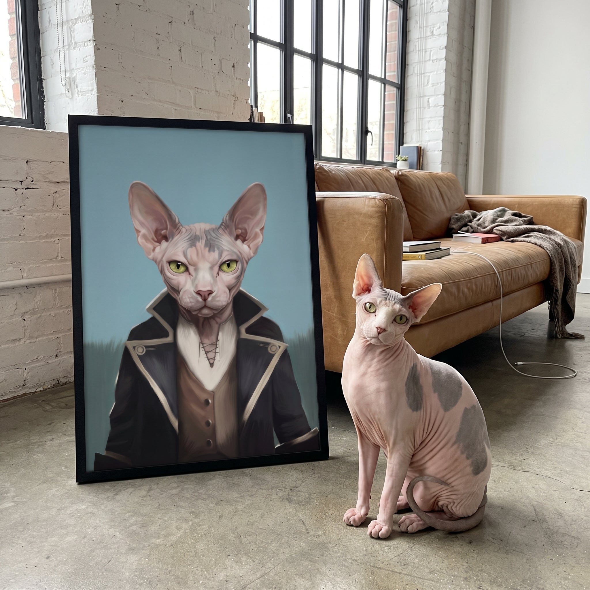 Sphynx cat next to its The Pirate custom pet poster