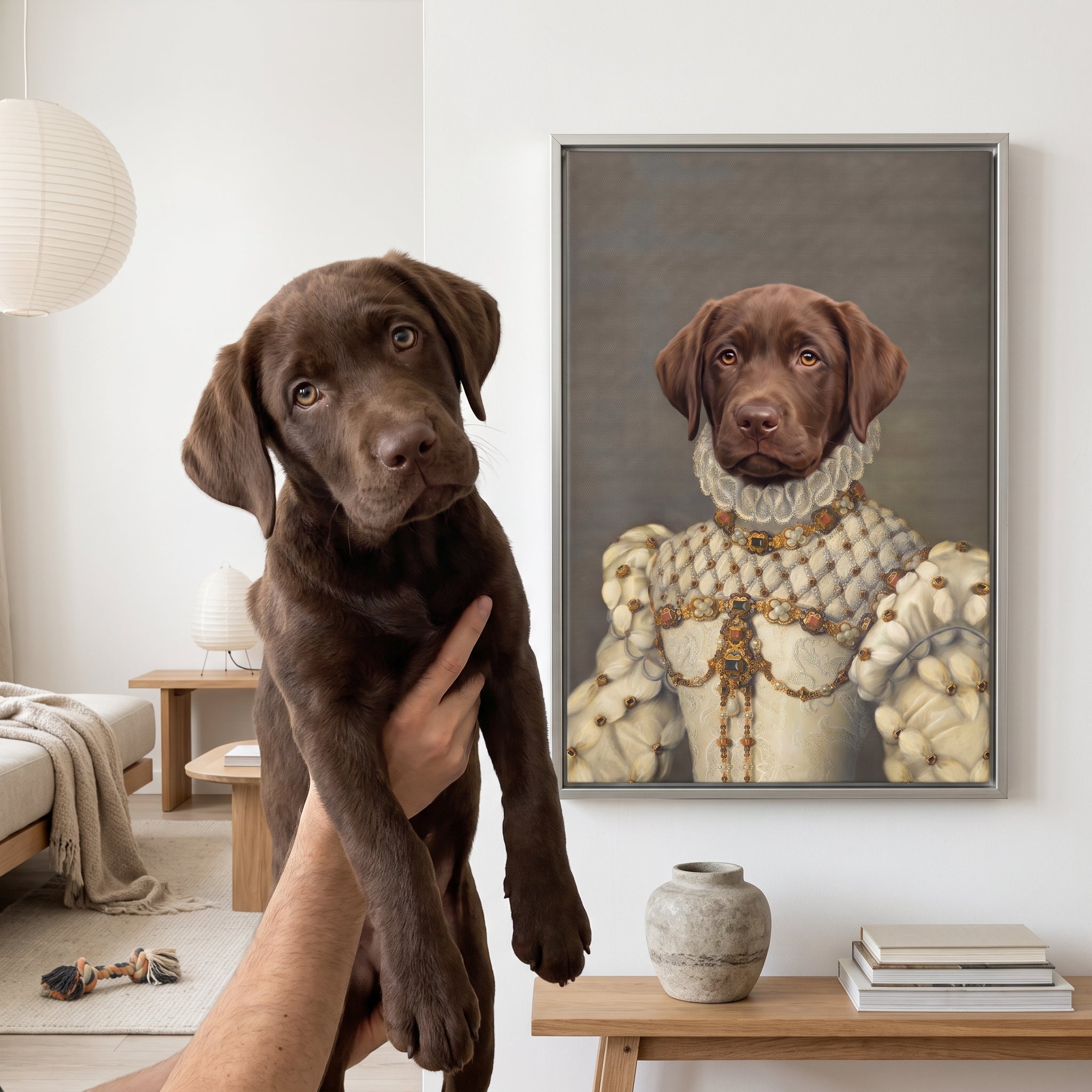 Chocolate labrador next to its The Princess custom pet canvas
