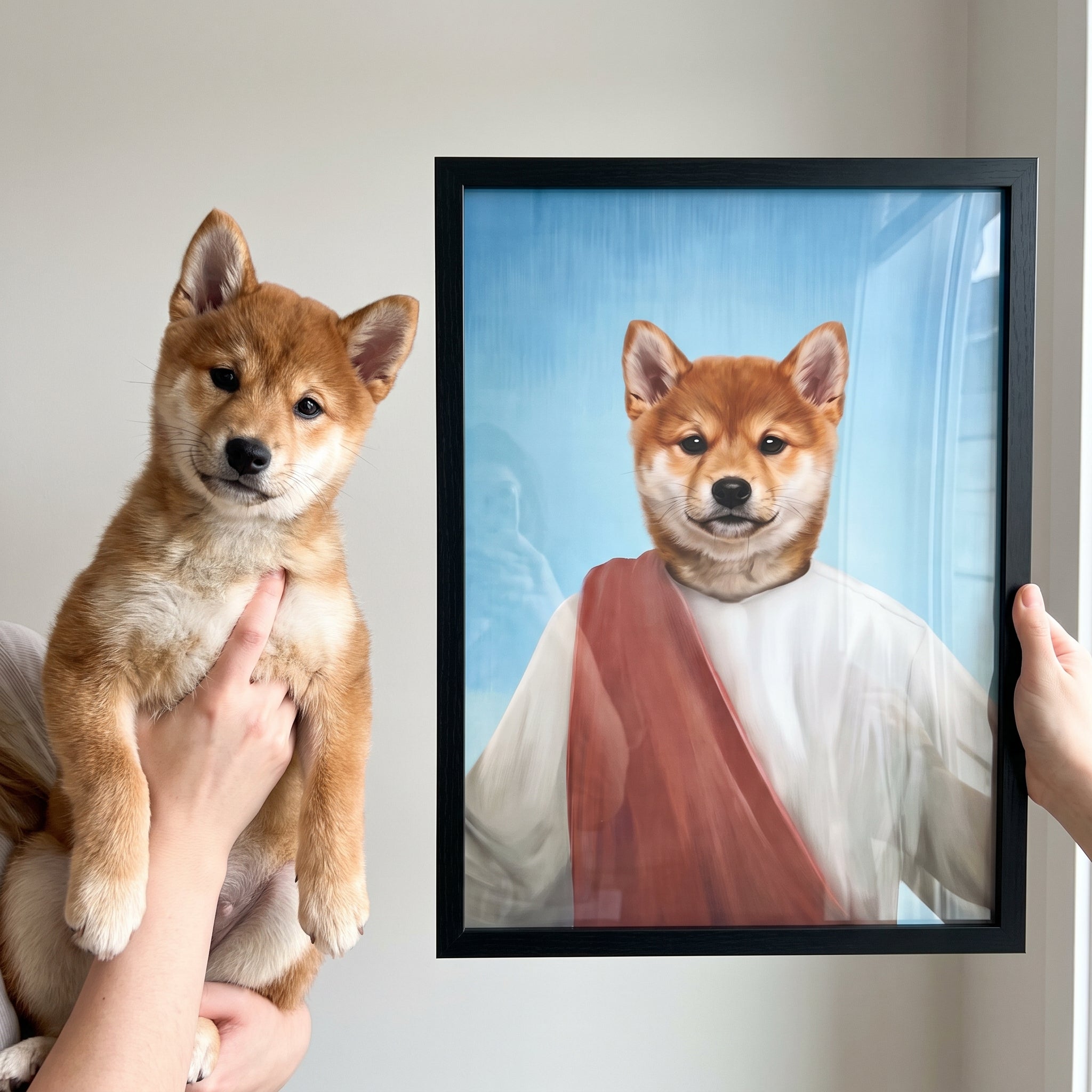 Shiba inu next to its The Prophet custom pet poster