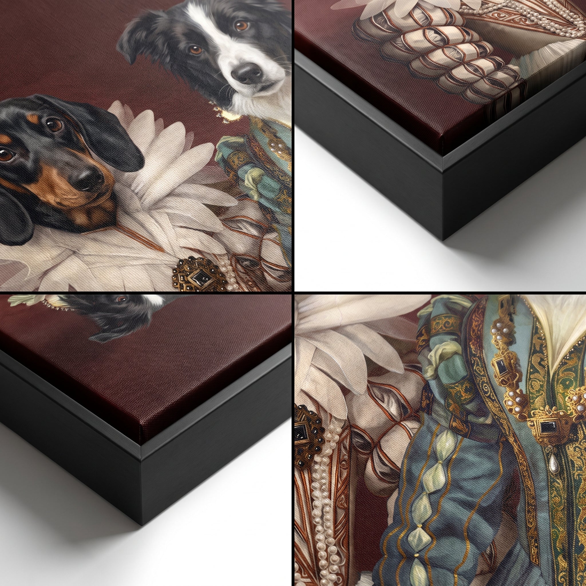 Close-up details of The Queen and Sapphire Queen custom pet canvas