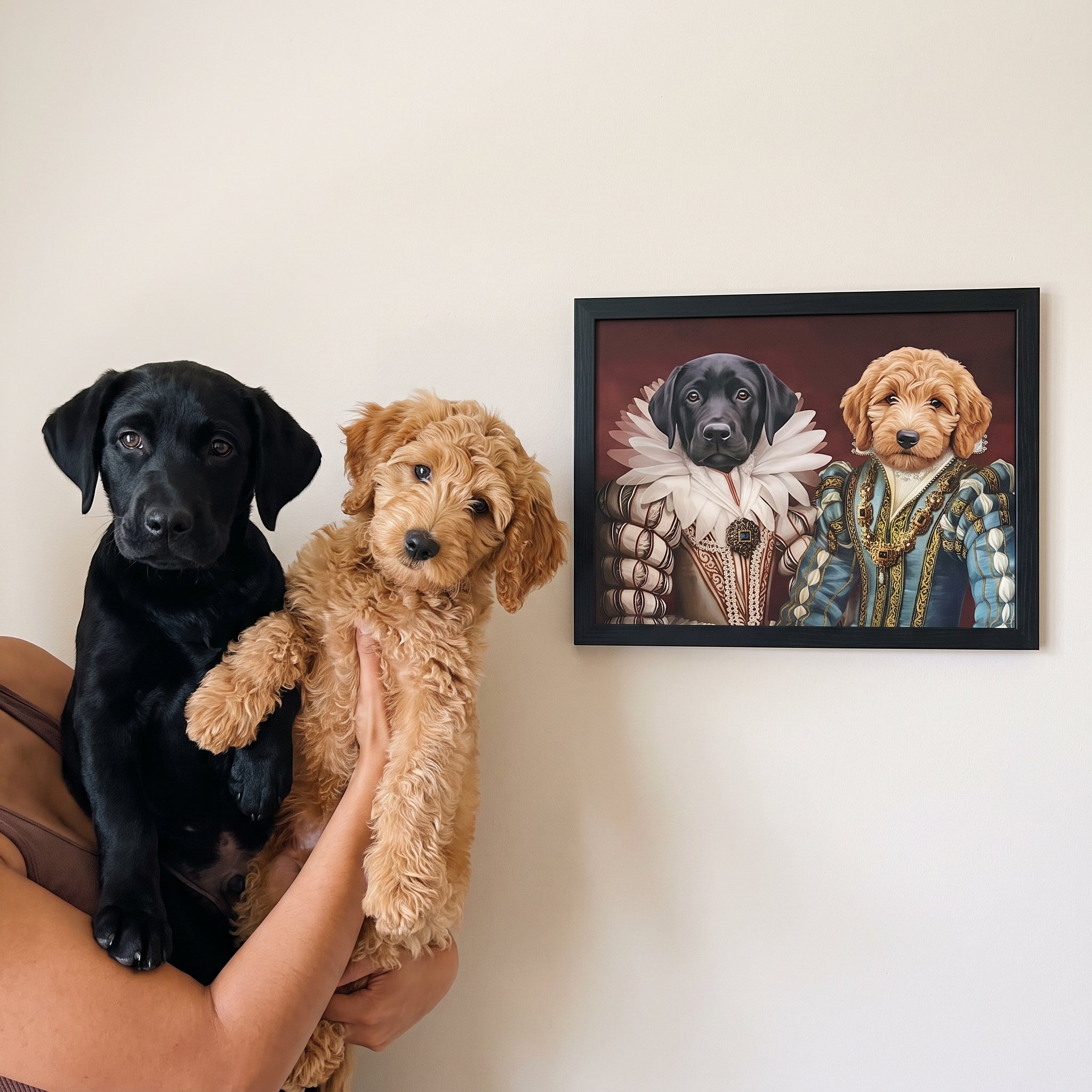 French bulldog and cavalie next to its The Queen and Sapphire Queen custom pet poster