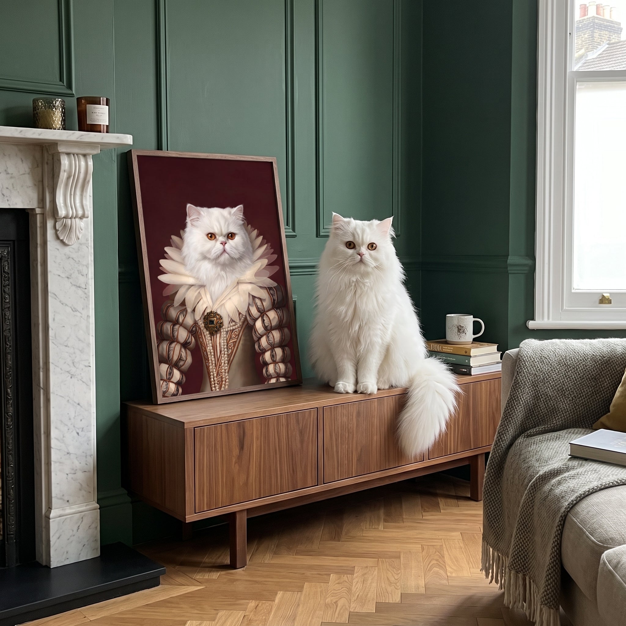 White persian cat next to its The Queen custom pet poster