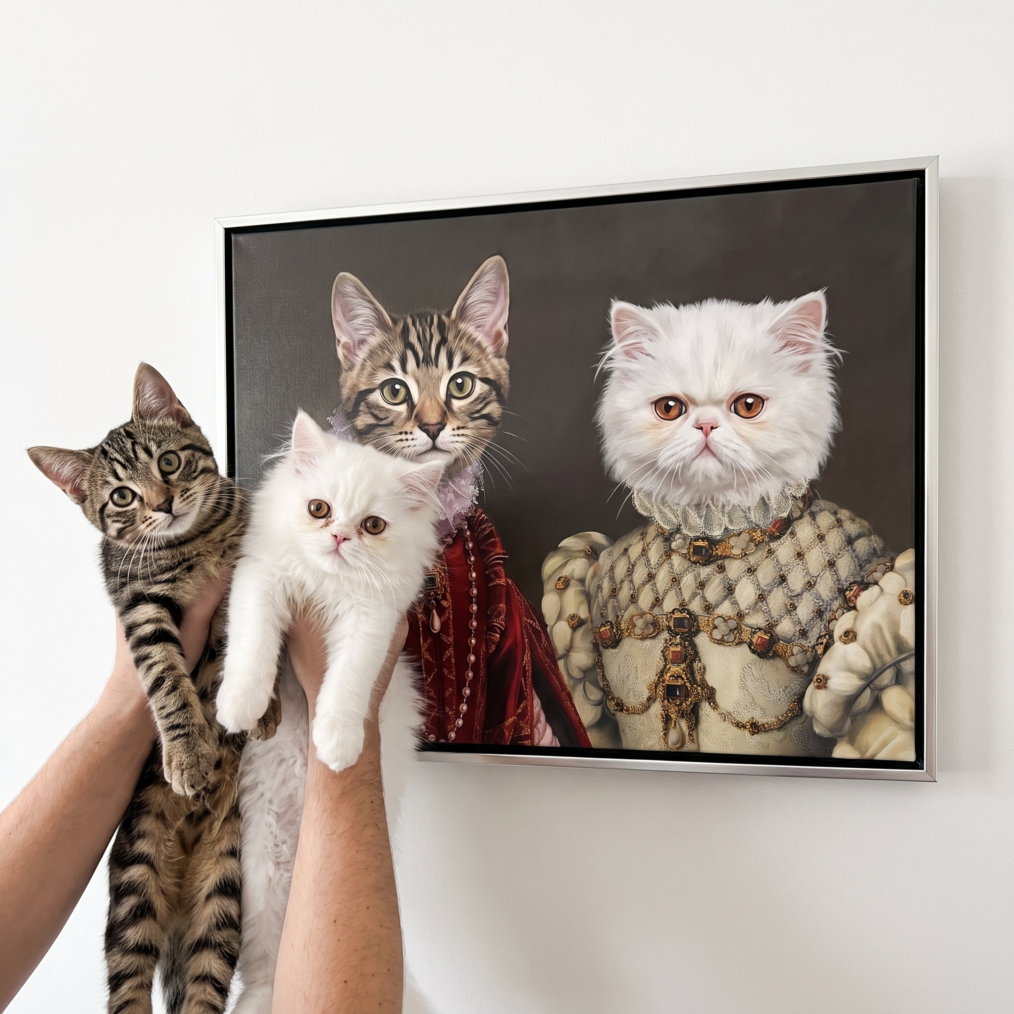 Brown tabby cat and whi next to its The Queen of Roses and Princess custom pet canvas