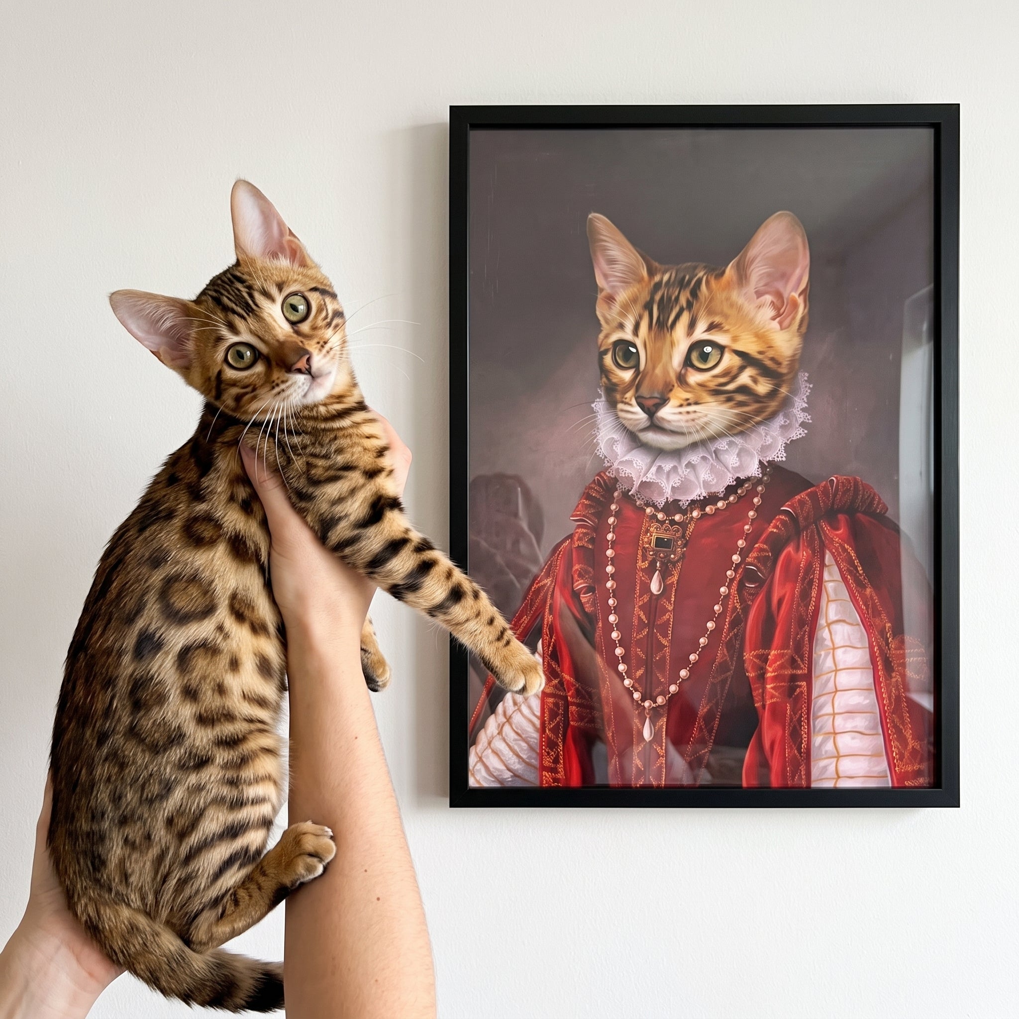 Bengal cat next to its The Queen of Roses custom pet poster