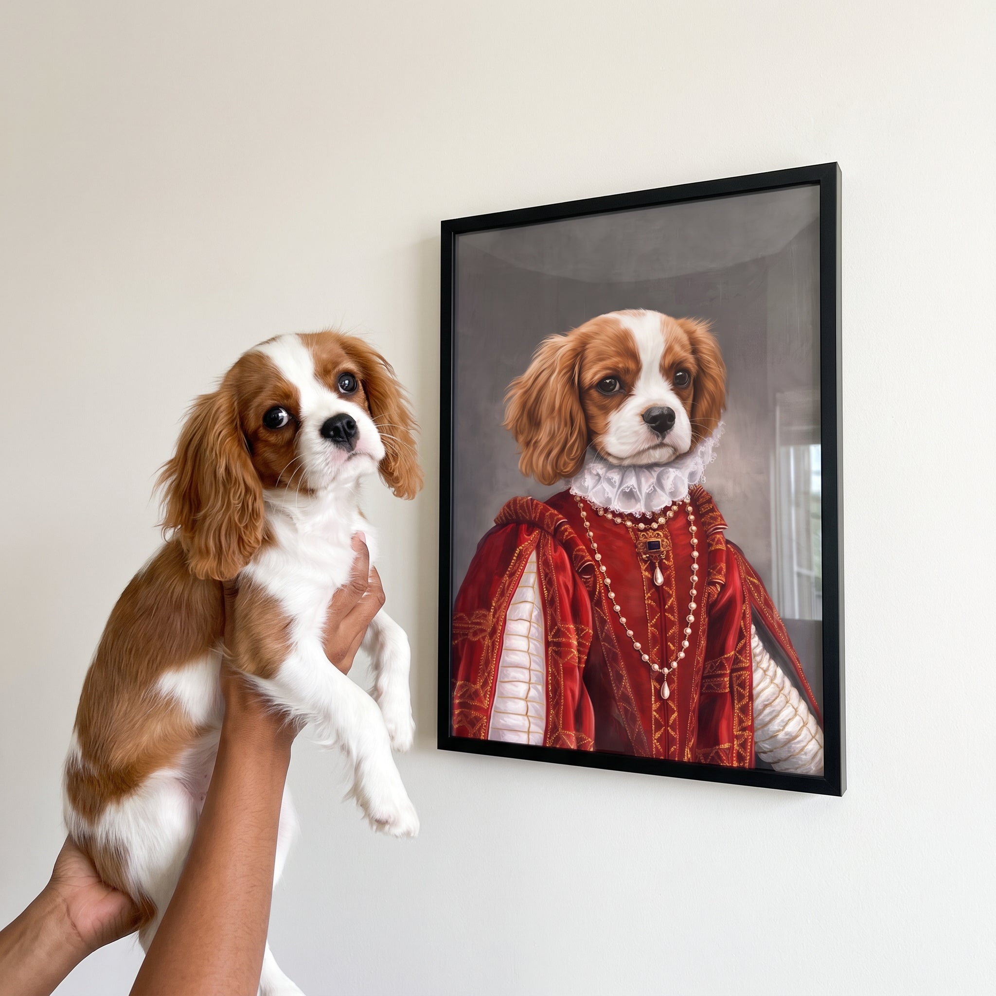 Cavalier king charles spaniel next to its The Queen of Roses custom pet poster