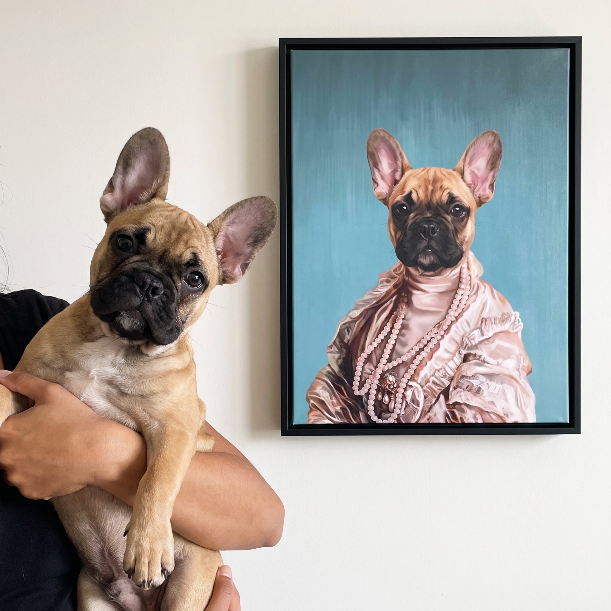 French bulldog next to its The Queen Regent custom pet canvas