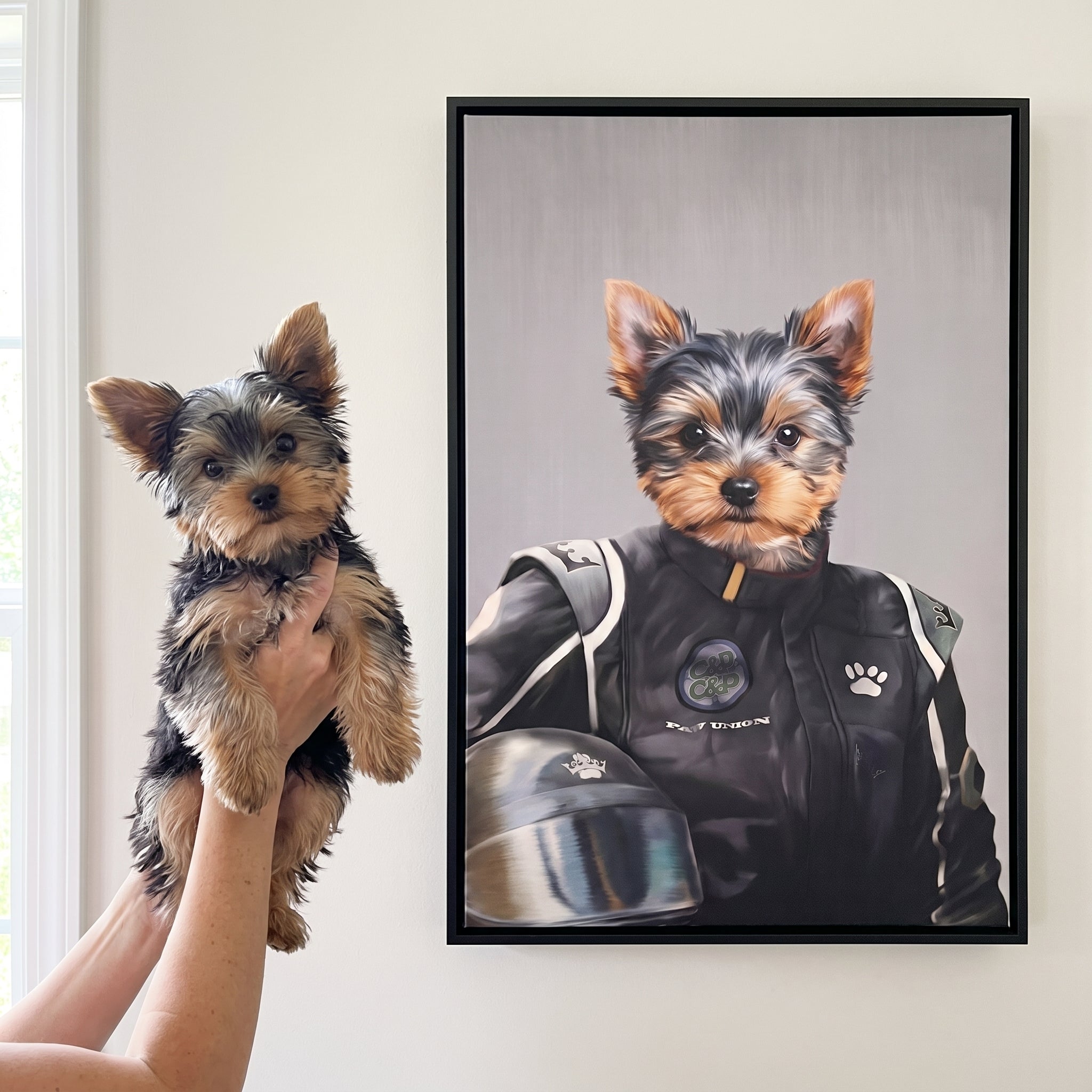 Yorkshire terrier next to its The Race Car Driver custom pet canvas