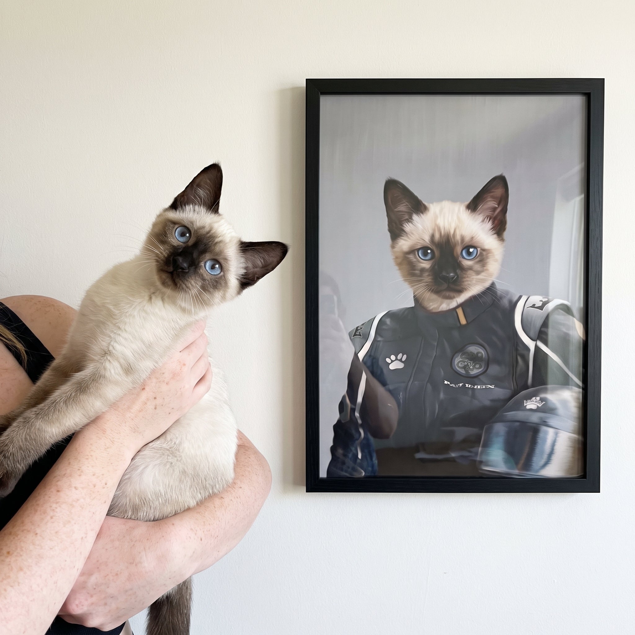 Siamese cat next to its The Race Car Driver custom pet poster