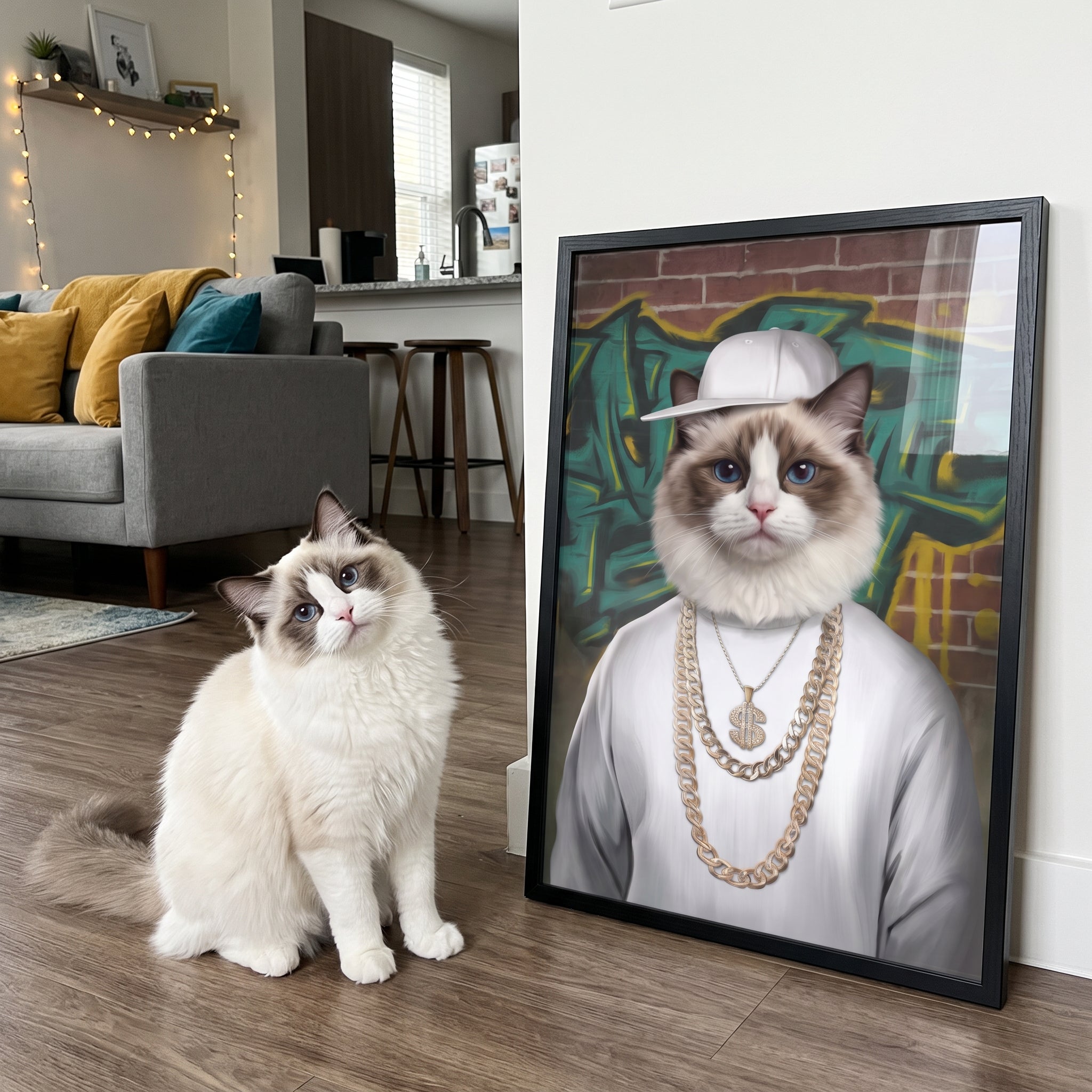White ragdoll cat next to its The Rapper custom pet poster